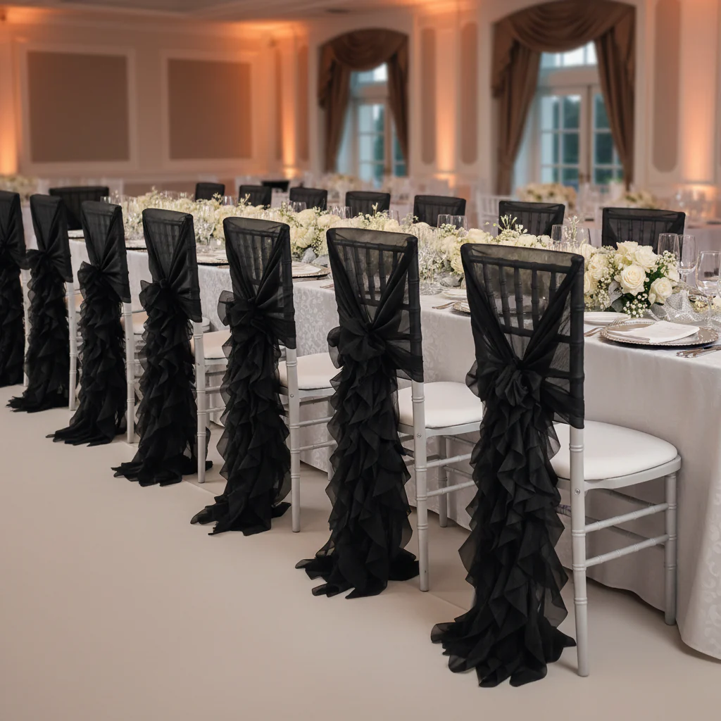 1 Set of Soft Curly Willow Ruffles Chair Sash & Cap - Black - Image 3