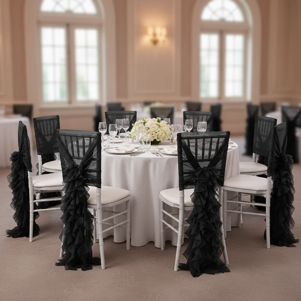 1 Set of Soft Curly Willow Ruffles Chair Sash & Cap - Black - Image 5