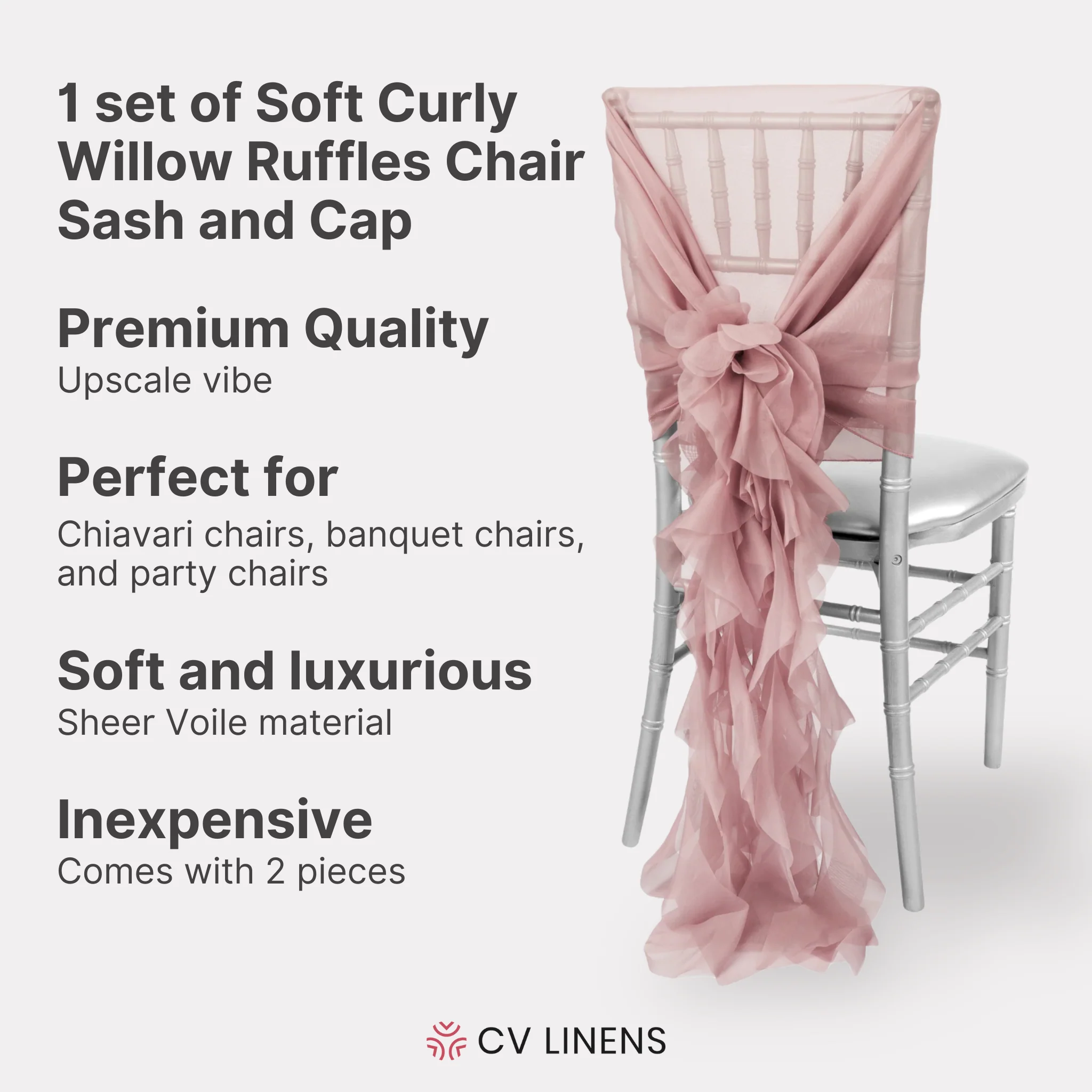 1 Set of Soft Curly Willow Ruffles Chair Sash & Cap - Dusty Rose/Mauve - Image 2