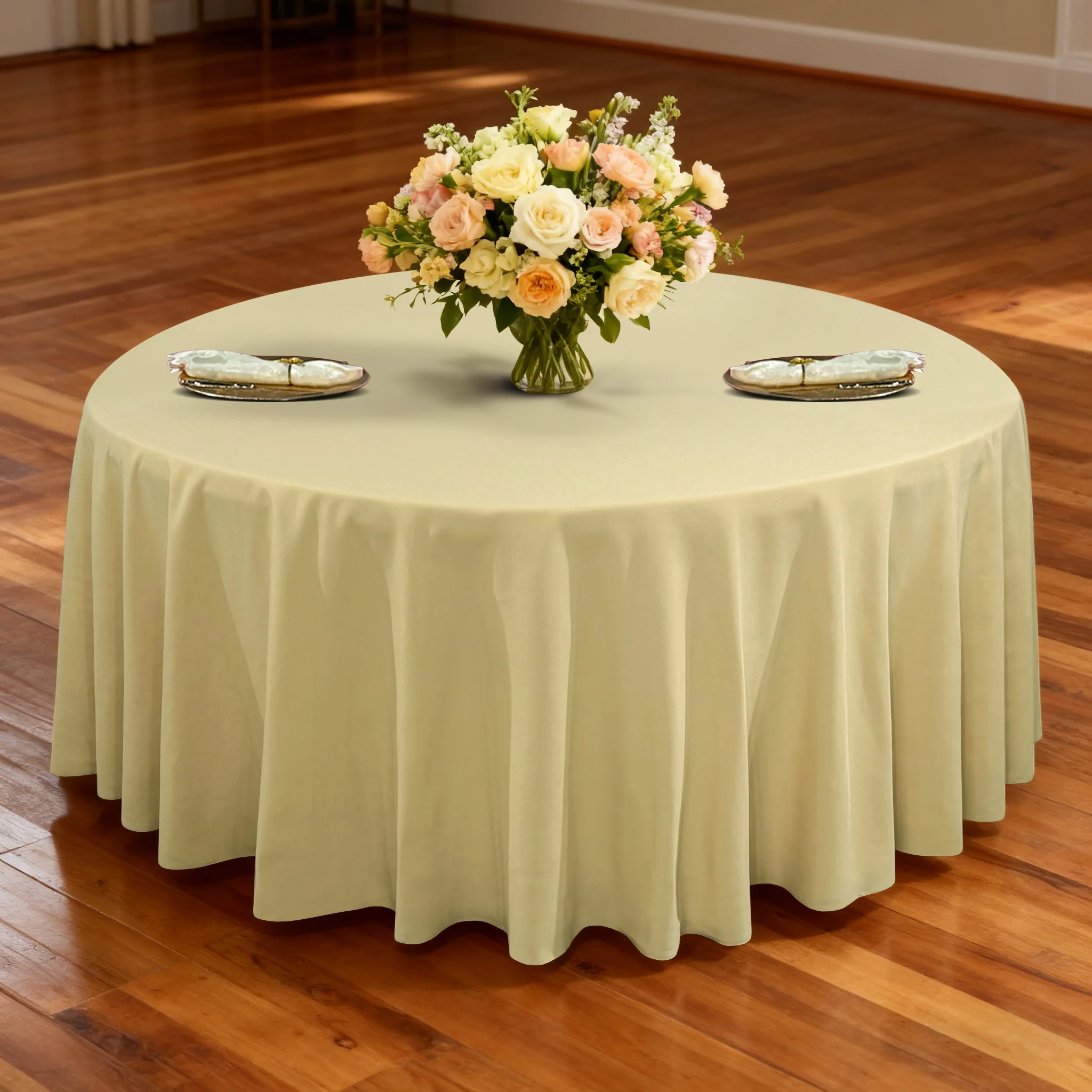 Premium 132" Round Champagne Spun Polyester Tablecloth - Image 2