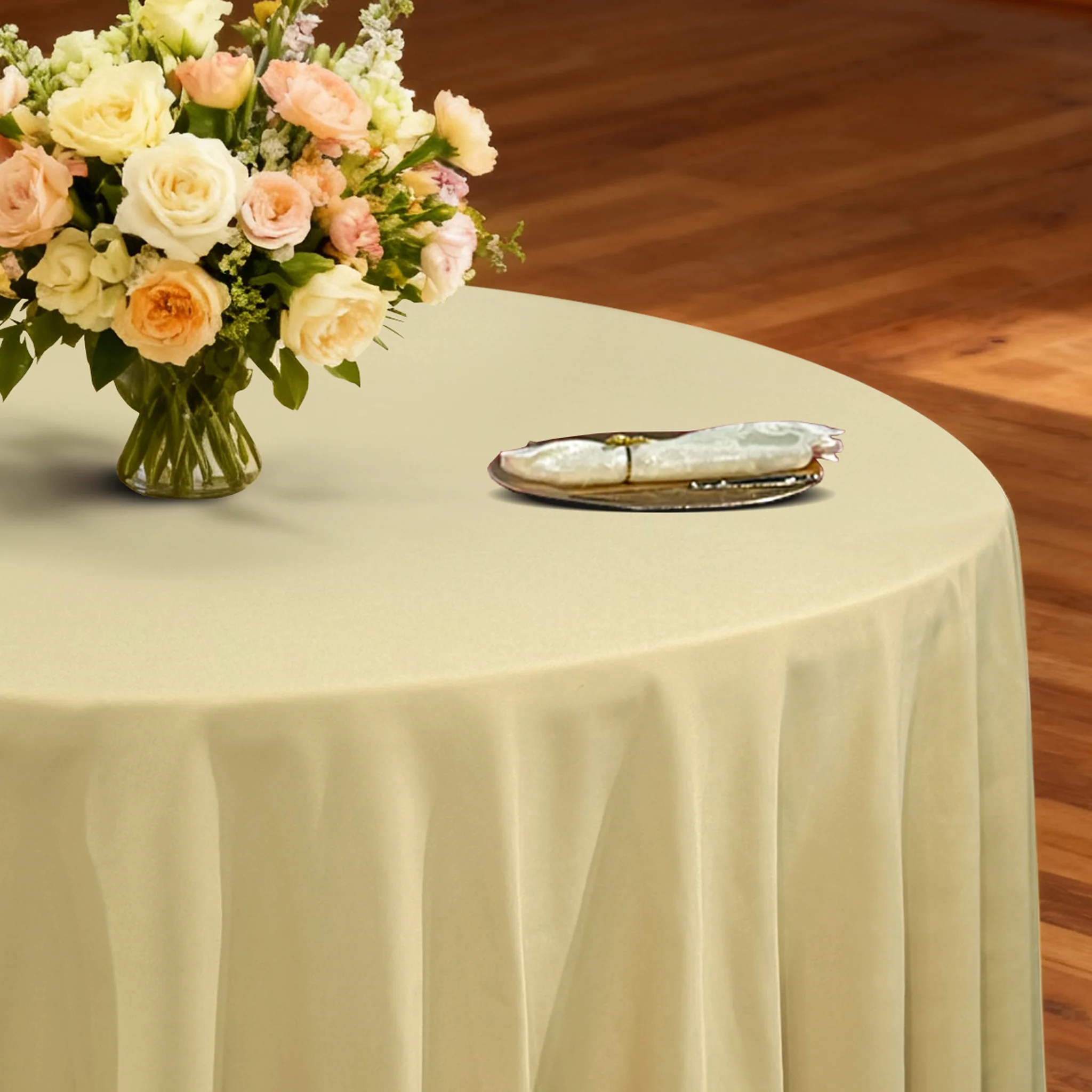 Premium 132" Round Champagne Spun Polyester Tablecloth - Image 3