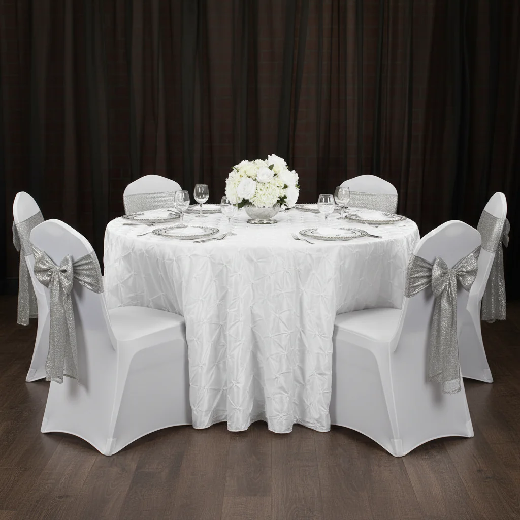 132" Pinchwheel Round Tablecloth - White