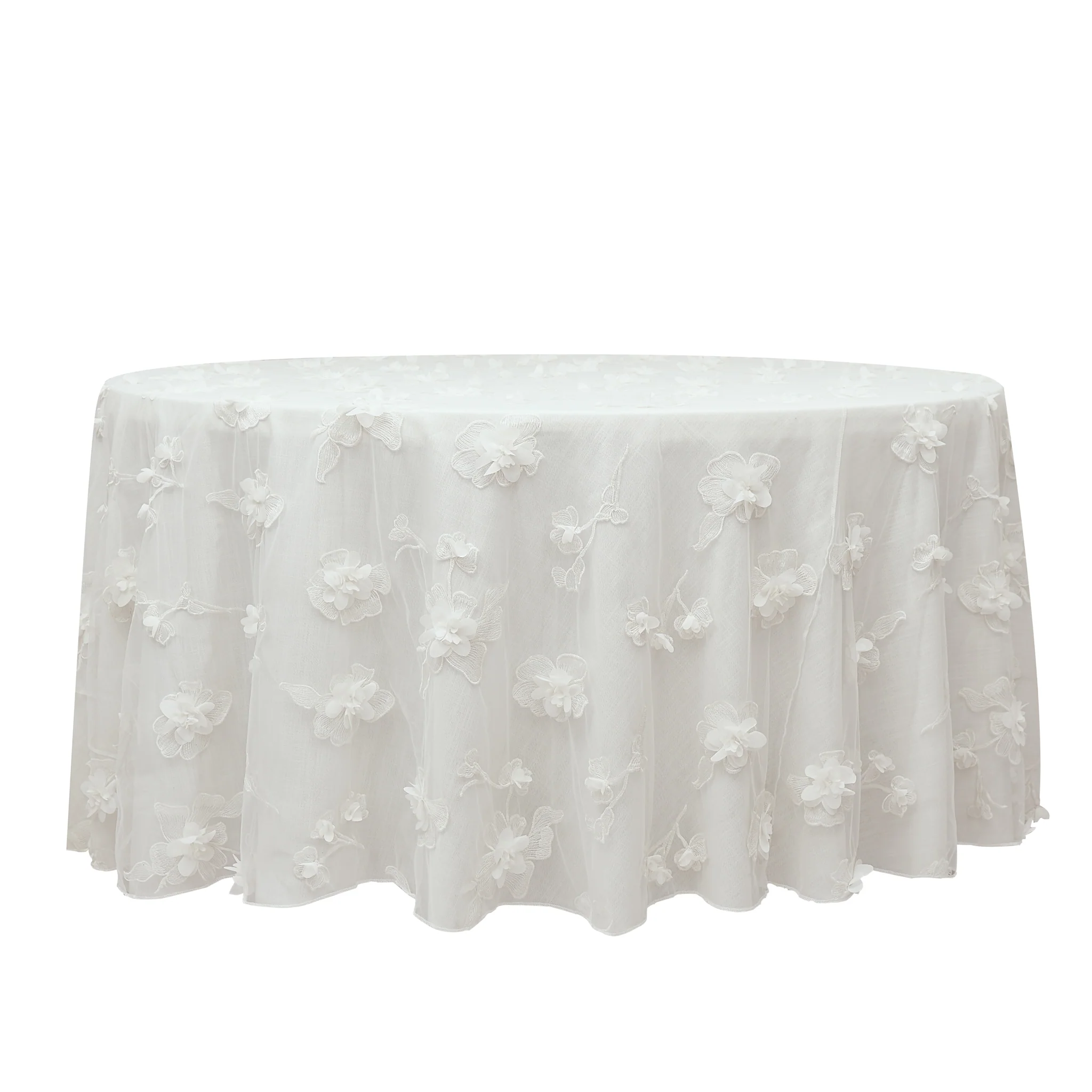 3D Gardenia Embroidery Sheer 120" Round Tablecloth - White