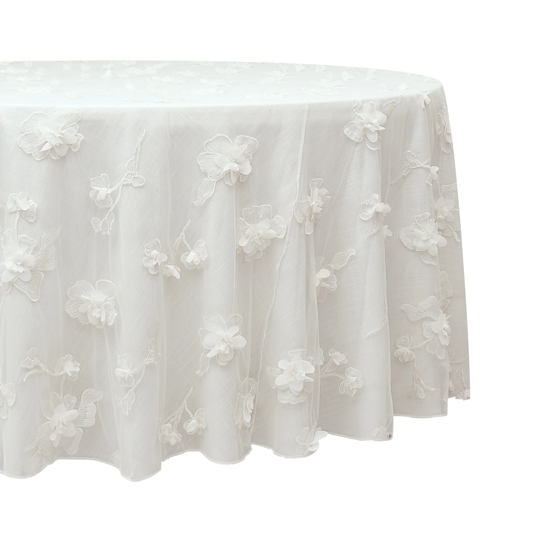 3D Gardenia Embroidery Sheer 120" Round Tablecloth - White - Image 3