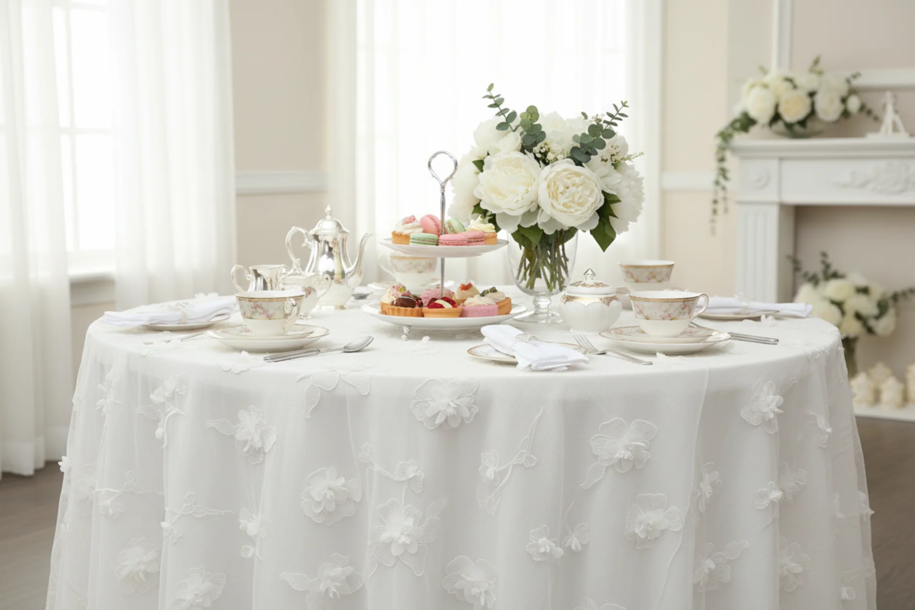 3D Gardenia Embroidery Sheer 120" Round Tablecloth - White - Image 7