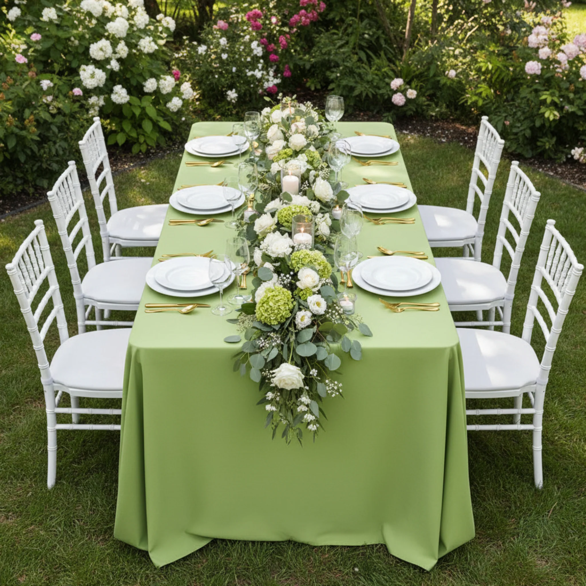 90"x132" Rectangular Oblong Premium Polyester Tablecloth - Apple Green - Image 5