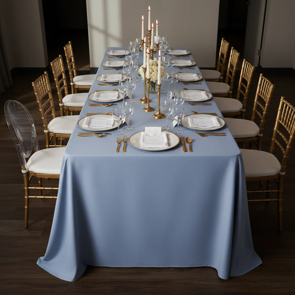 90"x132" Rectangular Oblong Premium Polyester Tablecloth - Dusty Blue - Image 2
