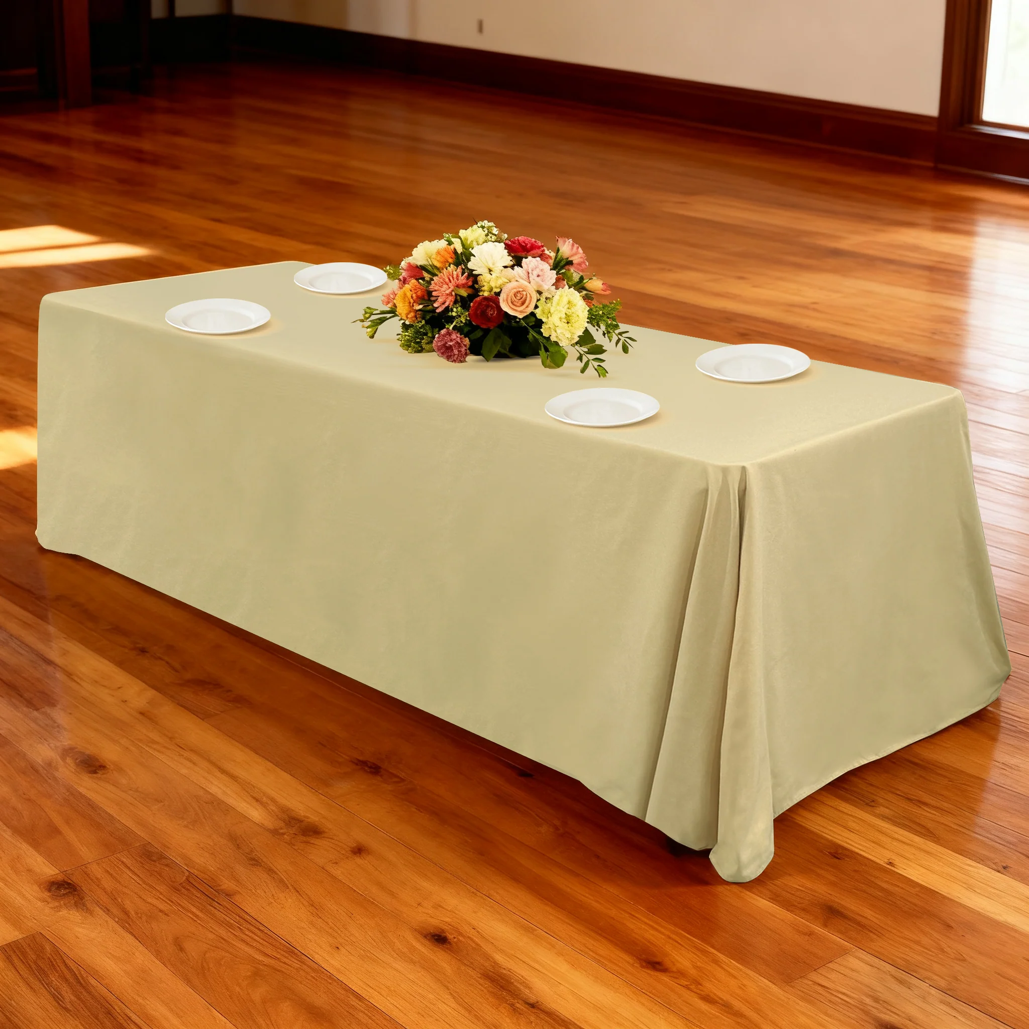 Premium 90"x156" Rectangular Champagne Spun Polyester Tablecloth - Image 2