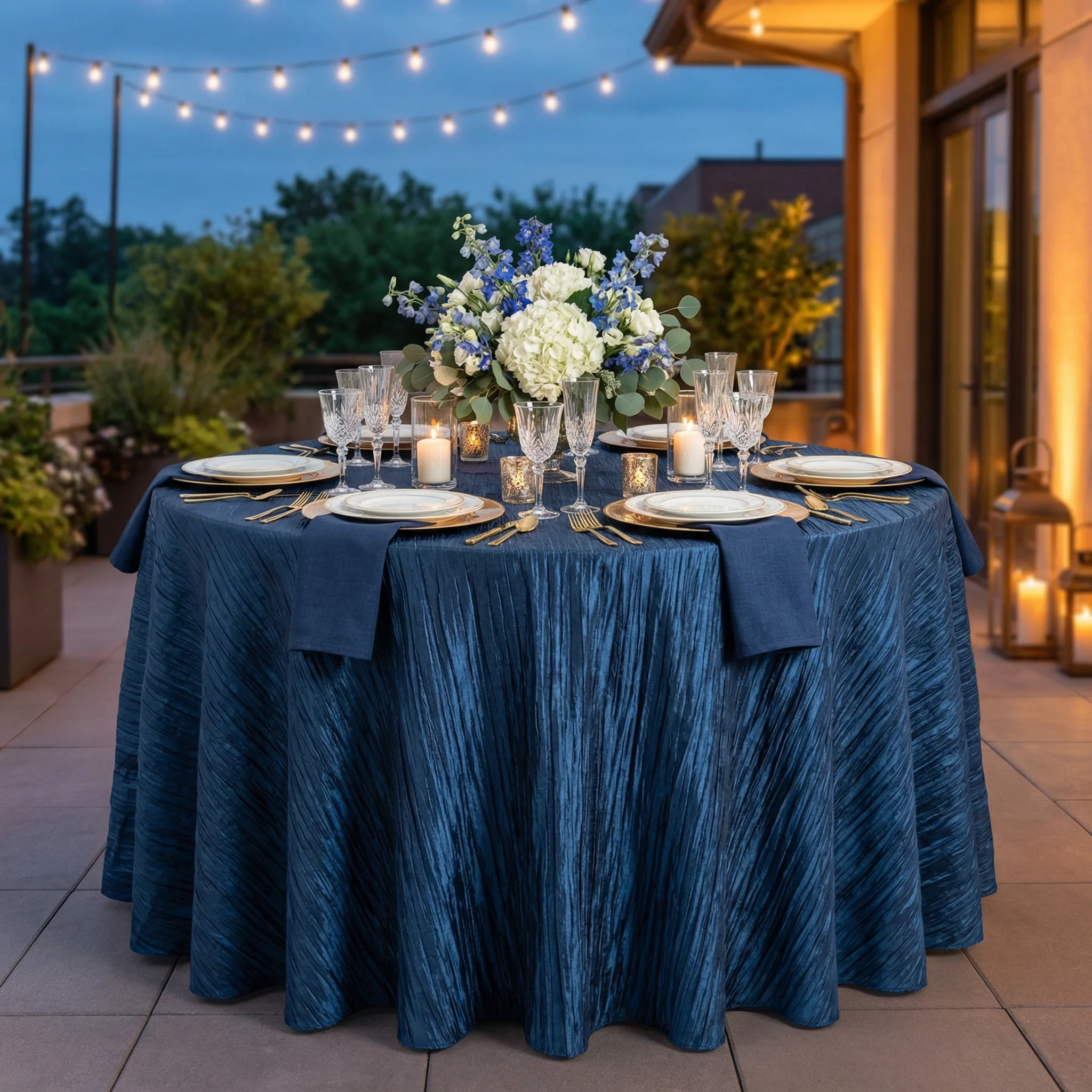 Accordion Crinkle Taffeta 132" Round Tablecloth - Navy Blue - Image 2
