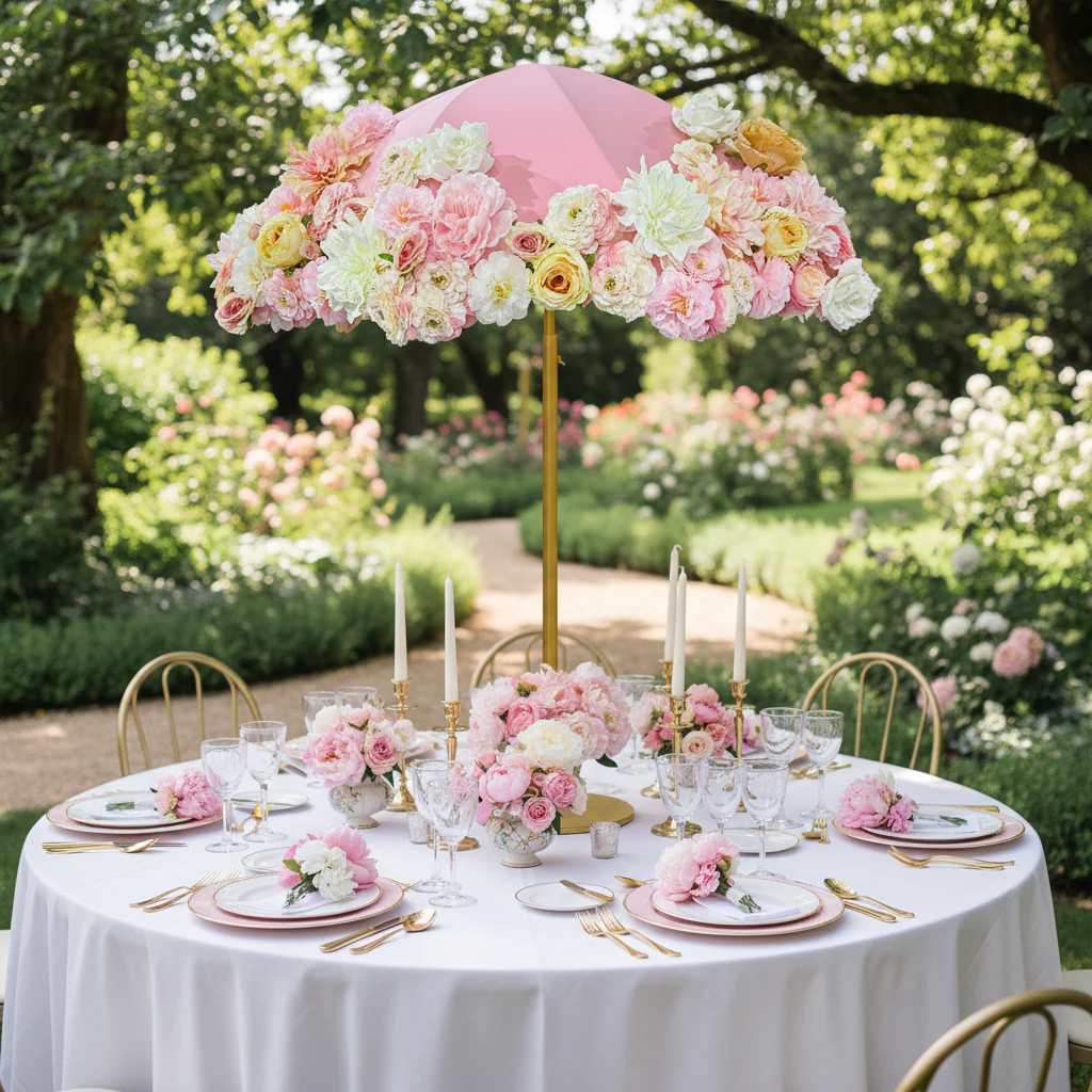 Pink Artificial Floral on Spandex Cover for Umbrella Centerpiece Stand - Image 3