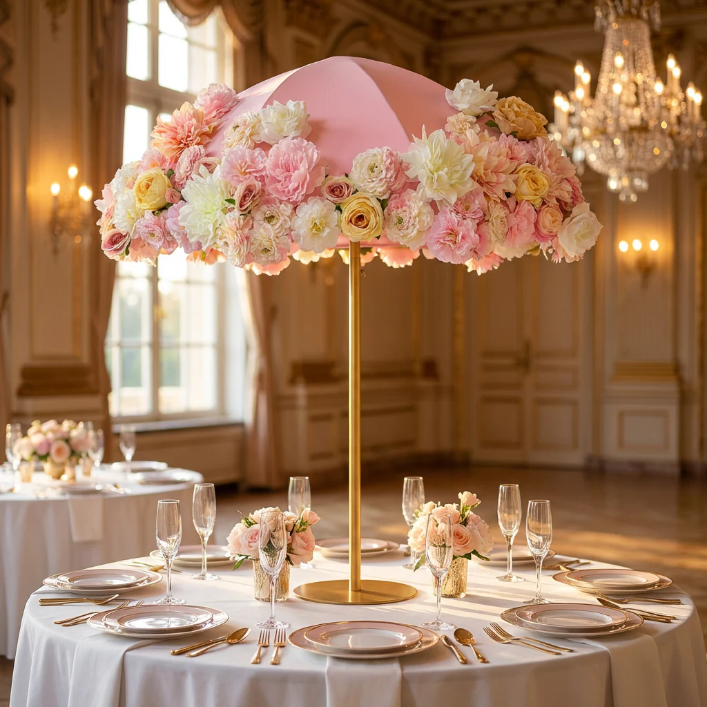 Pink Artificial Floral on Spandex Cover for Umbrella Centerpiece Stand - Image 5