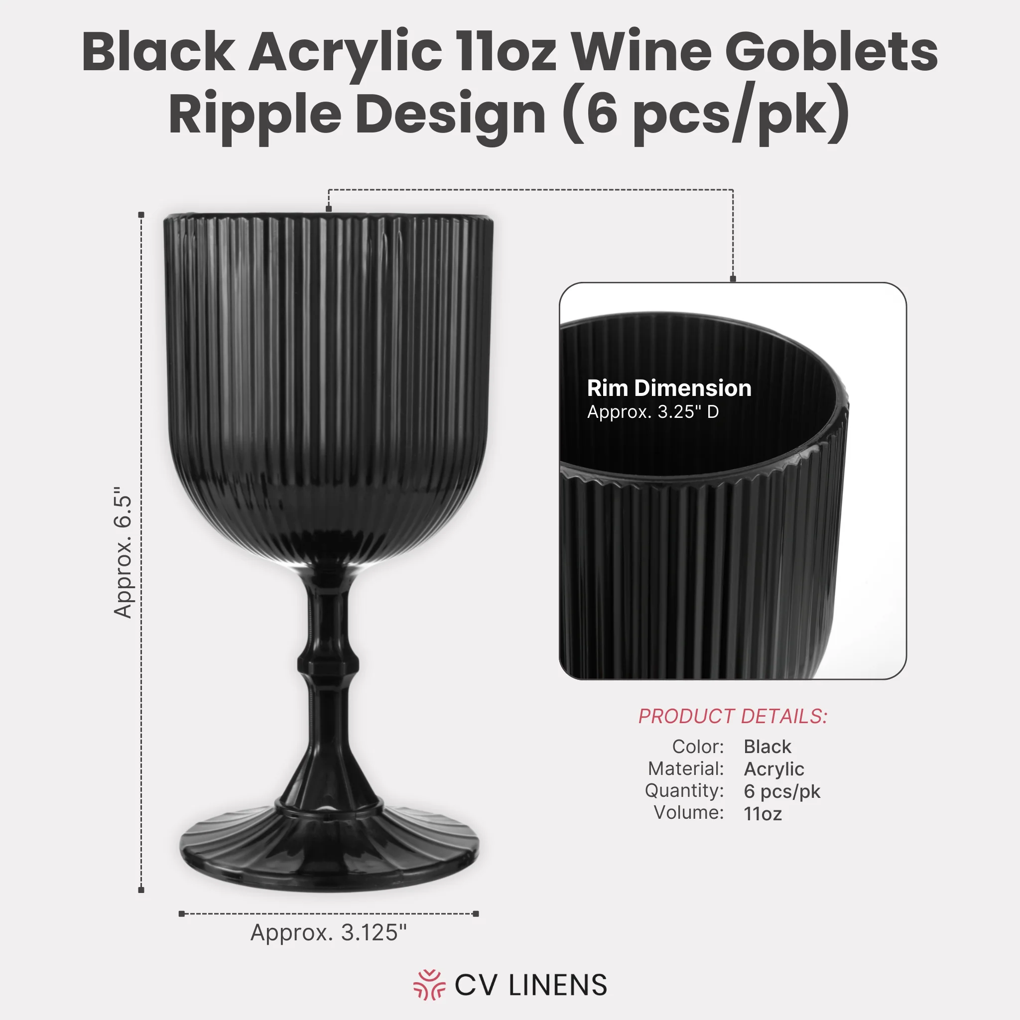 Black Acrylic 11oz Wine Goblets Ripple Design (6 pcs/pk) - Image 4
