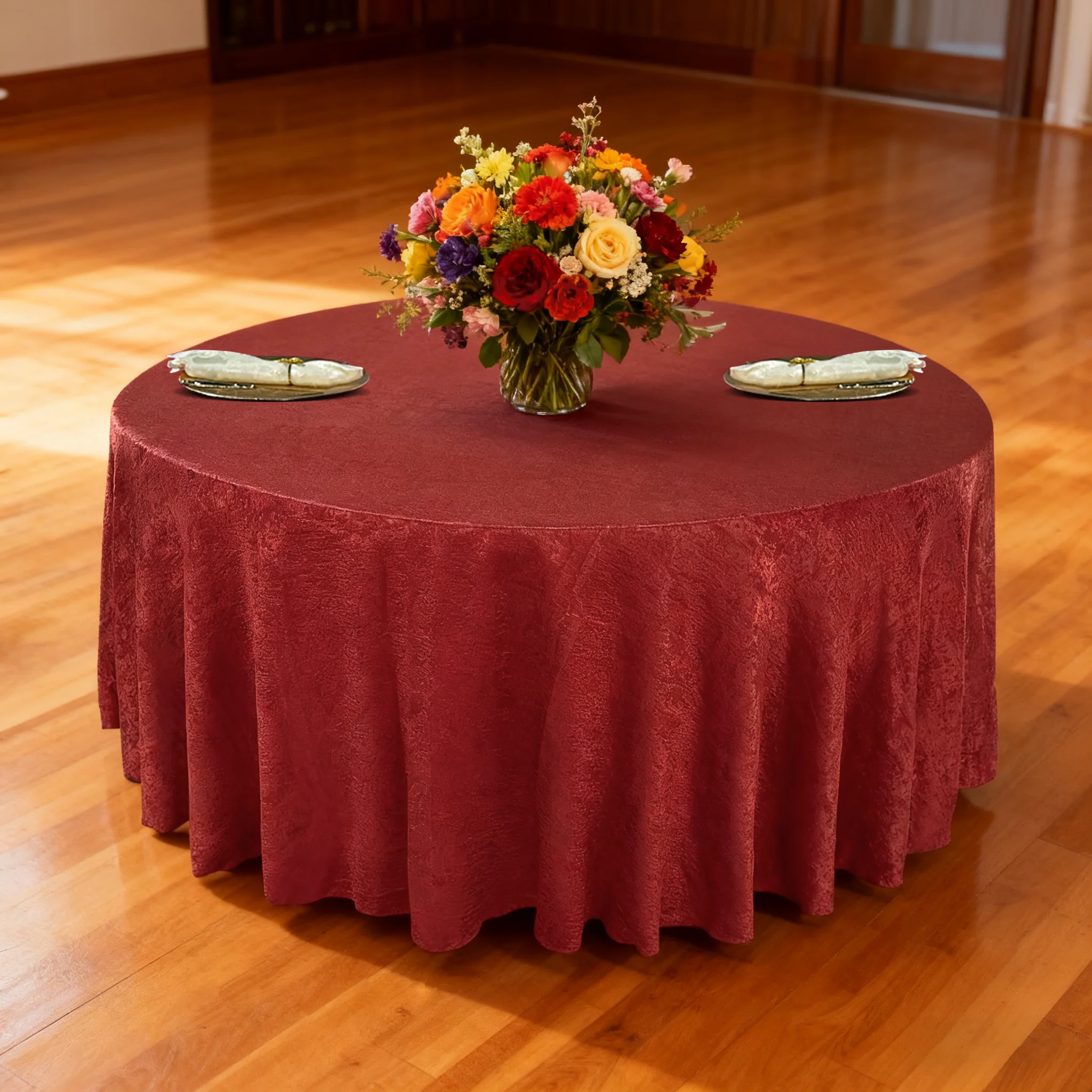 Crinkle Shimmer 132" Round Tablecloth - Burgundy - Image 2