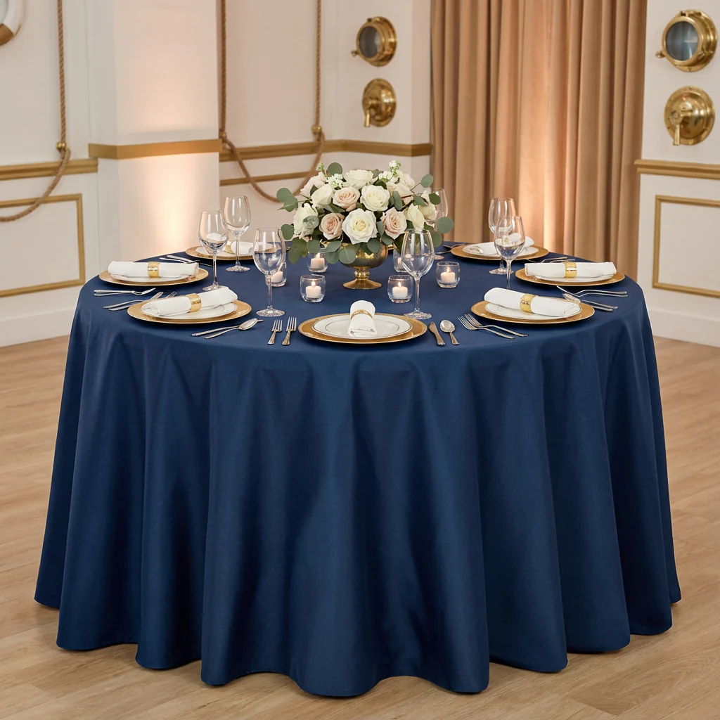 Economy Polyester Tablecloth 120" Round - Navy Blue - Image 2