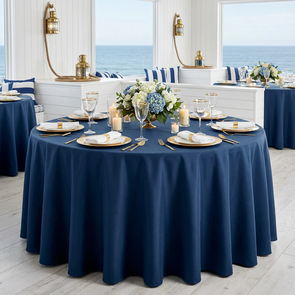 Economy Polyester Tablecloth 132" Round - Navy Blue - Image 3