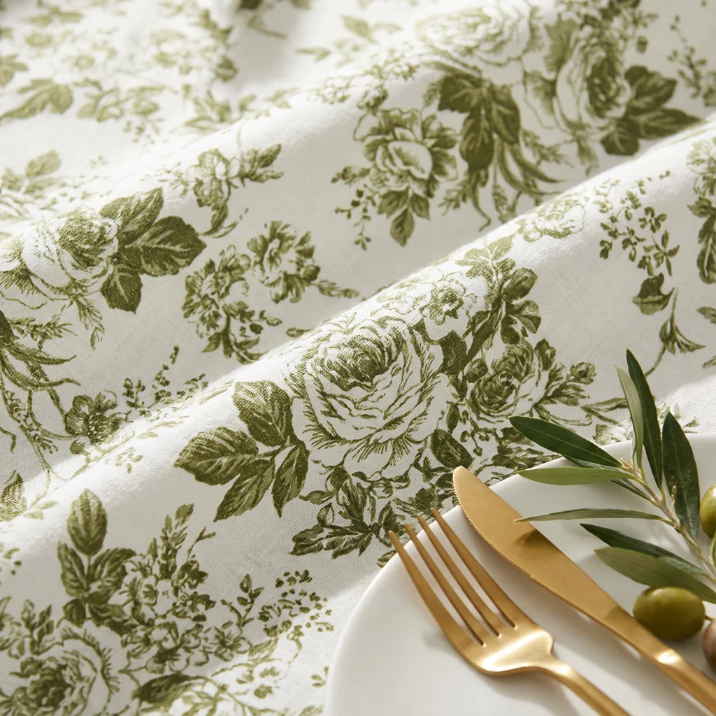 French Toile 108" Round Tablecloth - Olive Green - Image 4