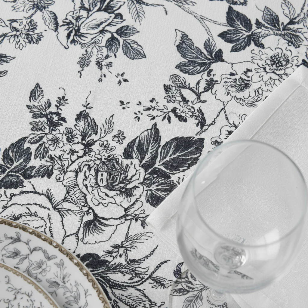French Toile 120" Round Tablecloth - Black - Image 4