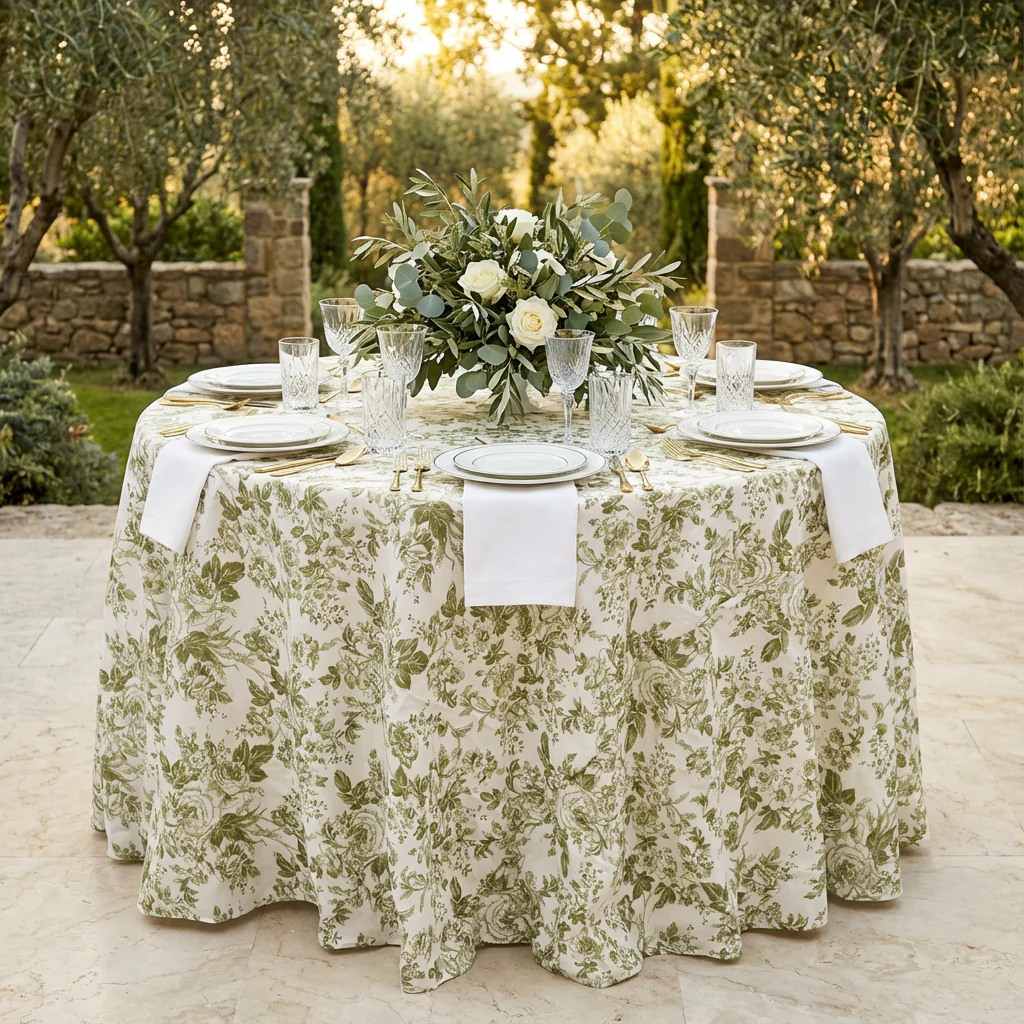 French Toile 120" Round Tablecloth - Olive Green - Image 2