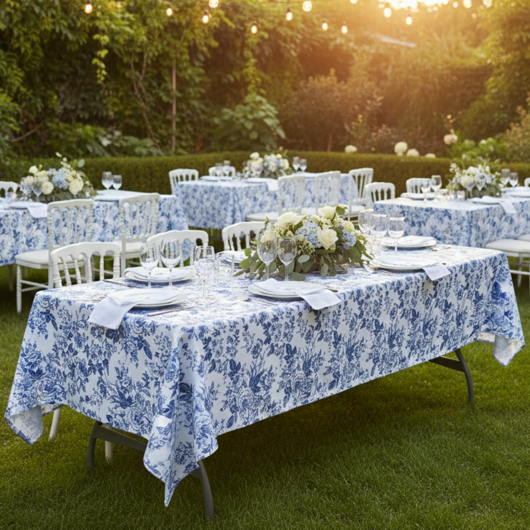 French Toile 60"x120" Rectangular Tablecloth - Blue - Image 3