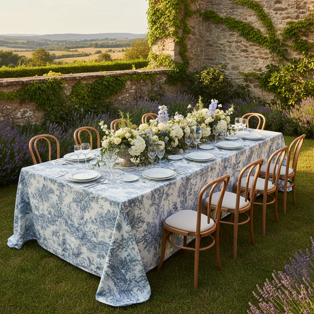 French Toile 90"x132" Rectangular Tablecloth - Blue - Image 3