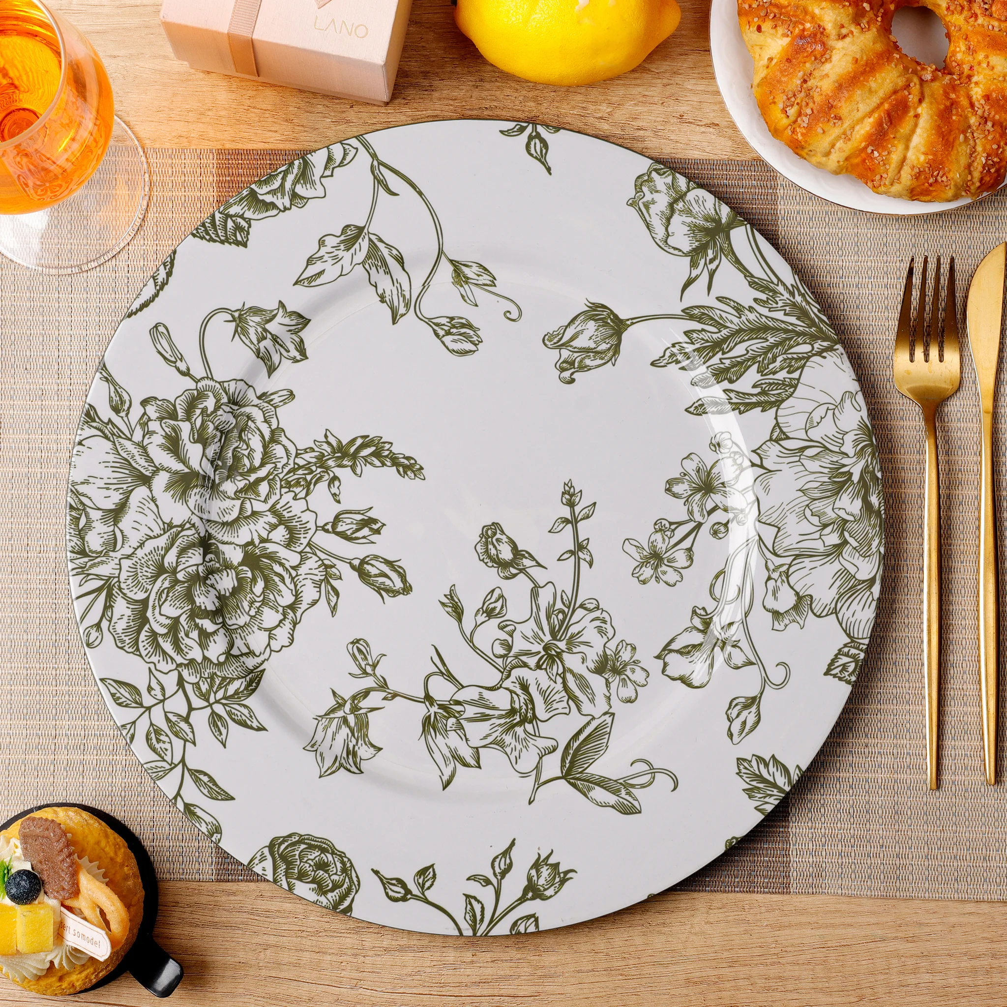 French Toile Acrylic Charger Plate - Olive Green - Image 2
