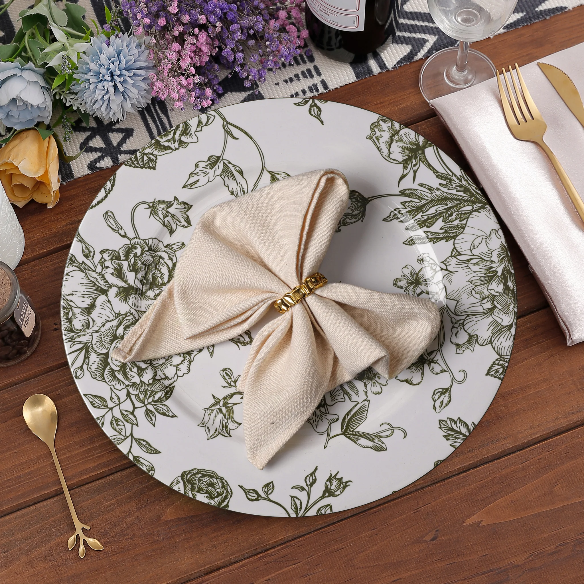French Toile Acrylic Charger Plate - Olive Green - Image 3