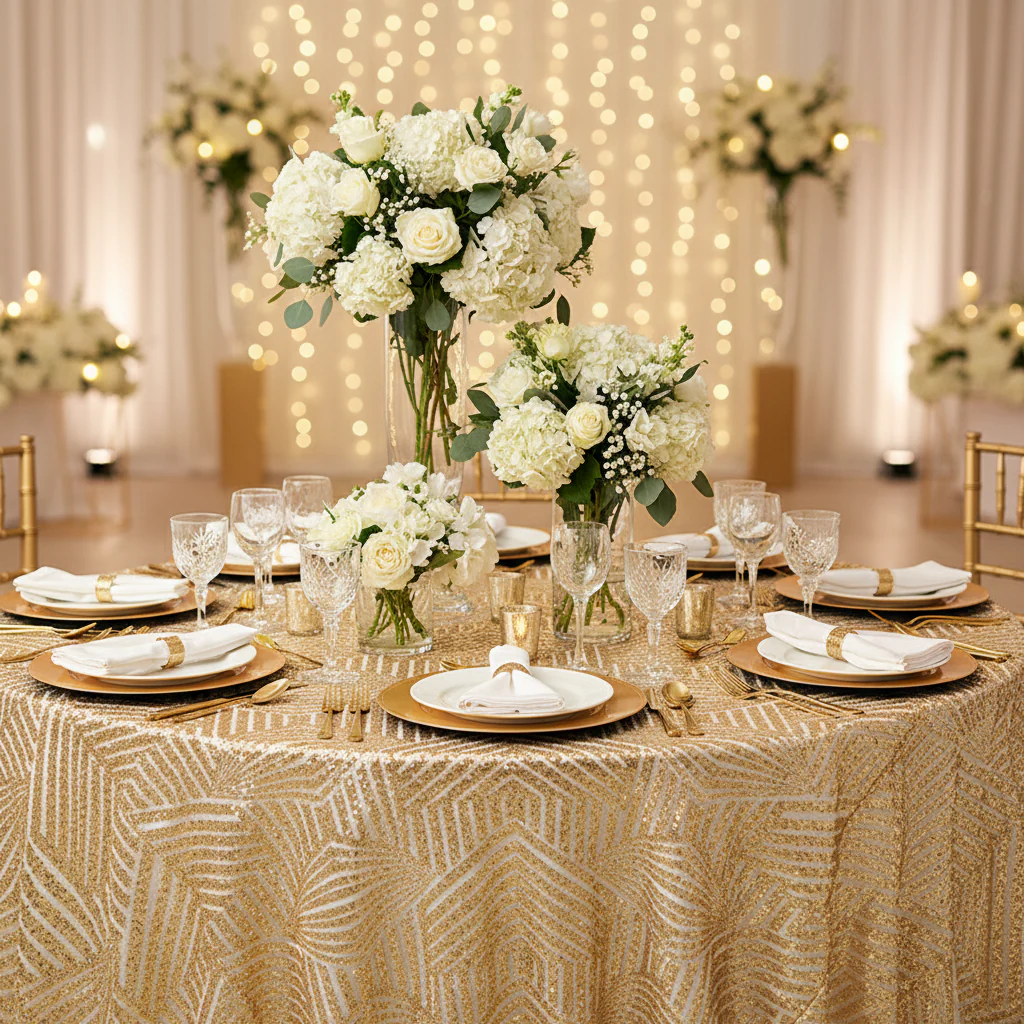 Geometric Glitz Art Deco Sequin Tablecloth 120" Round - Gold - Image 2