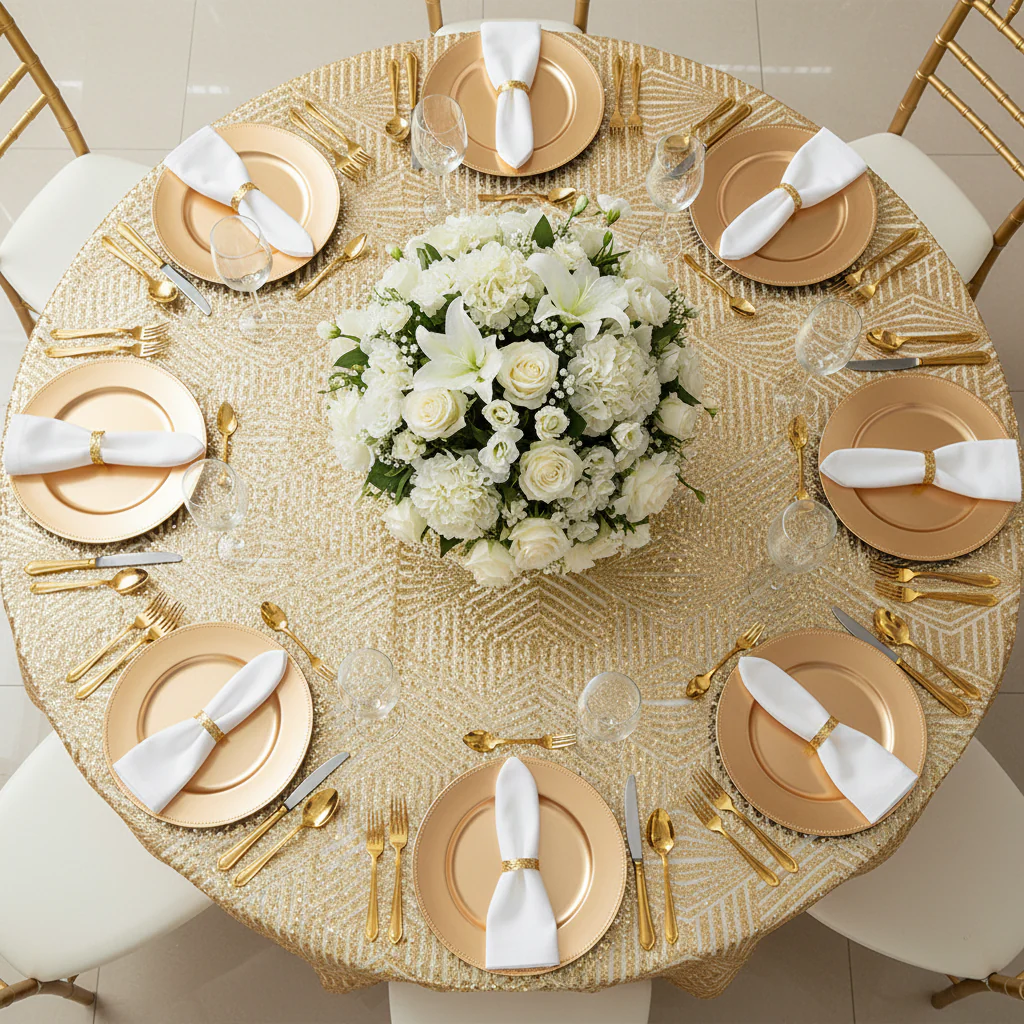 Geometric Glitz Art Deco Sequin Tablecloth 120" Round - Gold - Image 4