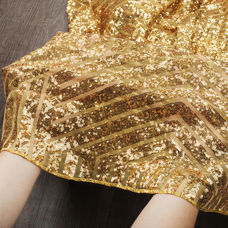 Geometric Glitz Art Deco Sequin Tablecloth 120" Round - Gold - Image 6