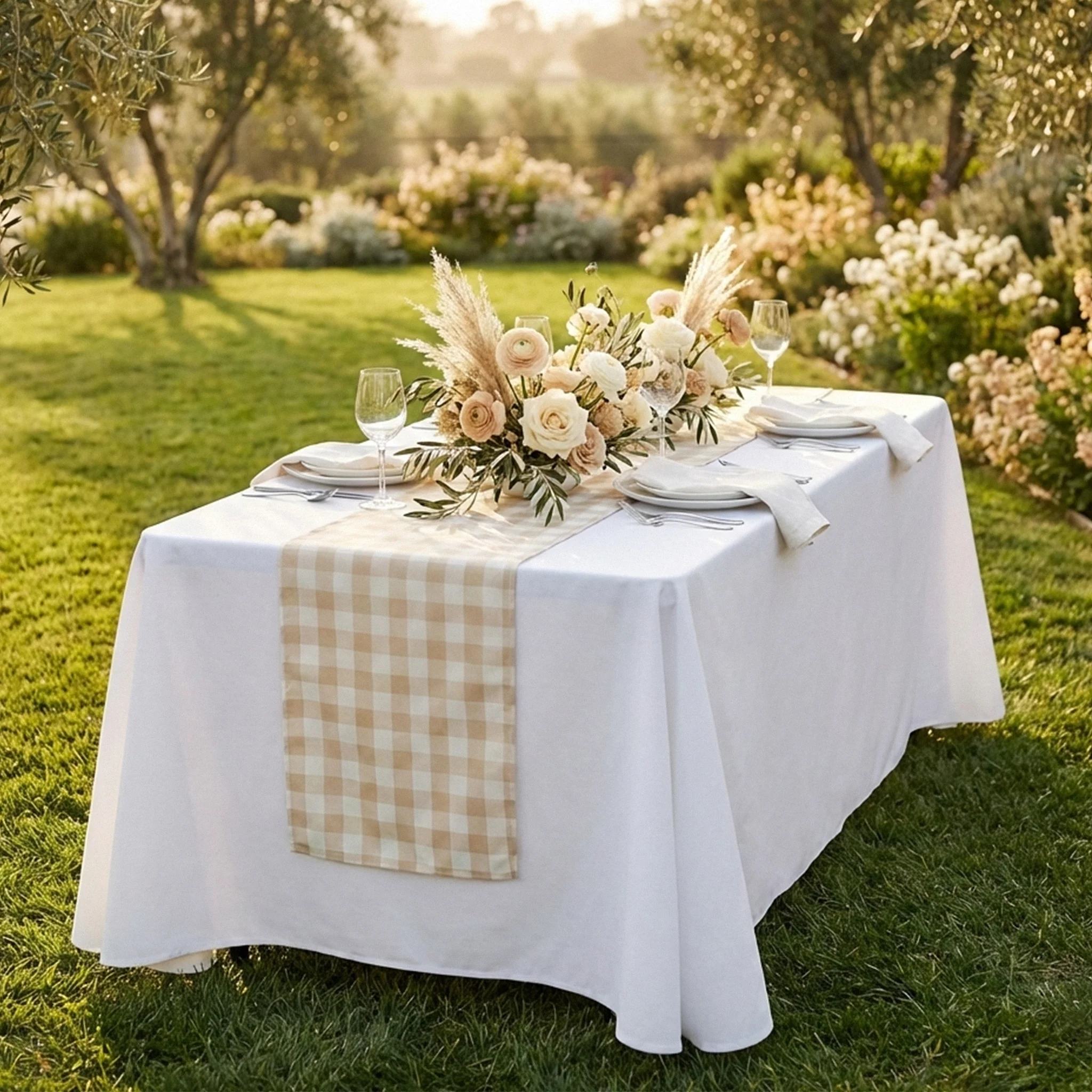 Gingham Checkered Polyester Table Runner - Beige & White - Image 2