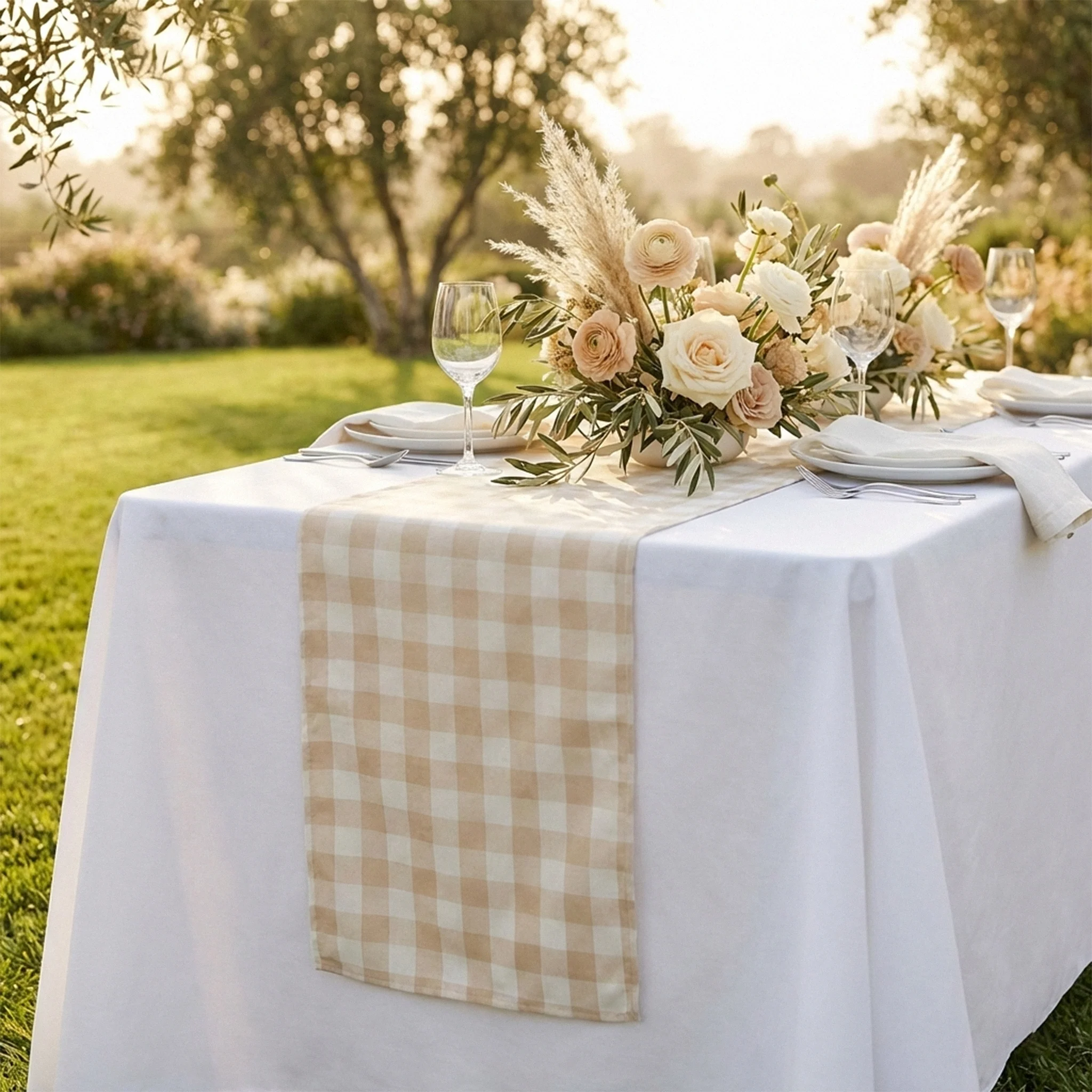 Gingham Checkered Polyester Table Runner - Beige & White - Image 5