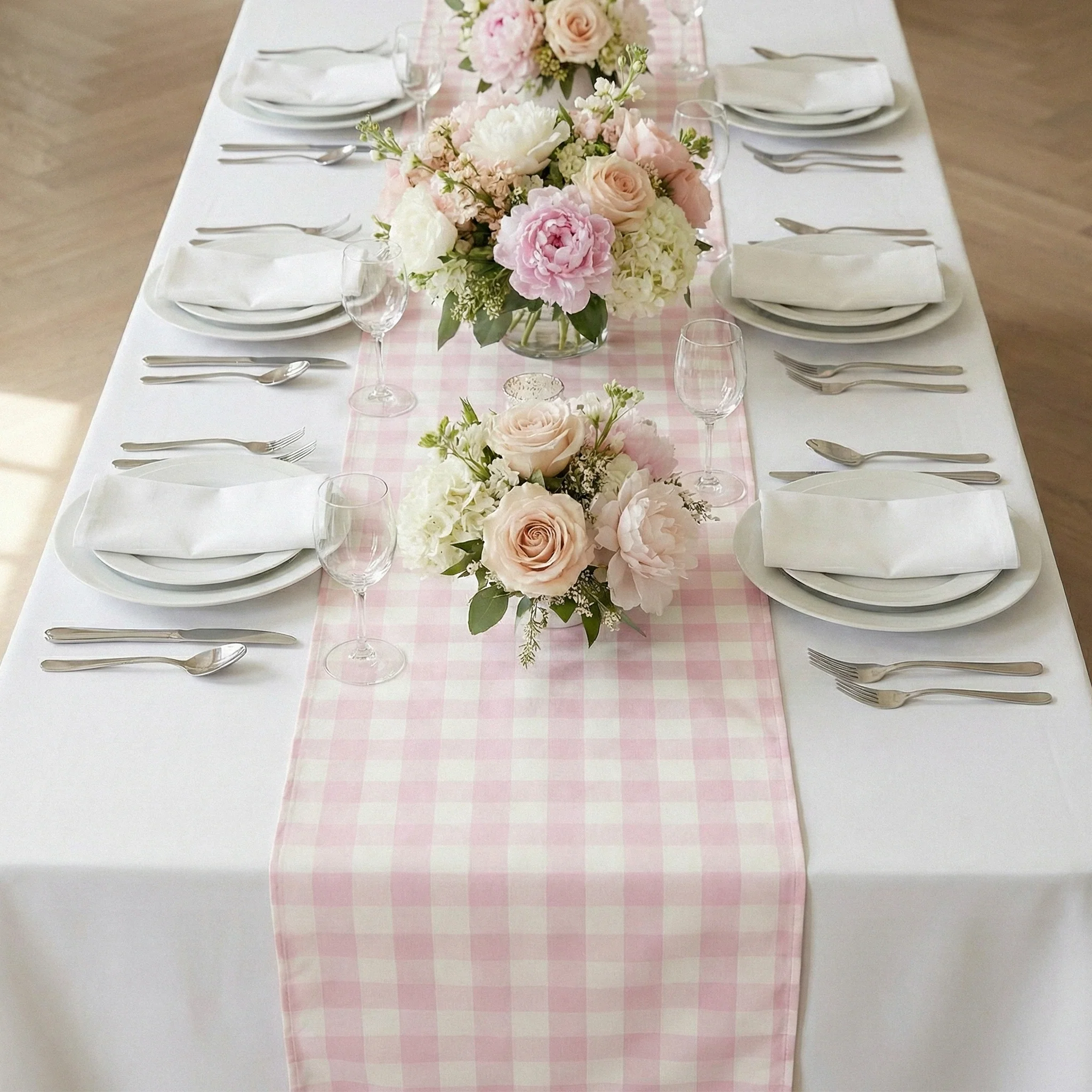 Gingham Checkered Polyester Table Runner - Pink & White - Image 2