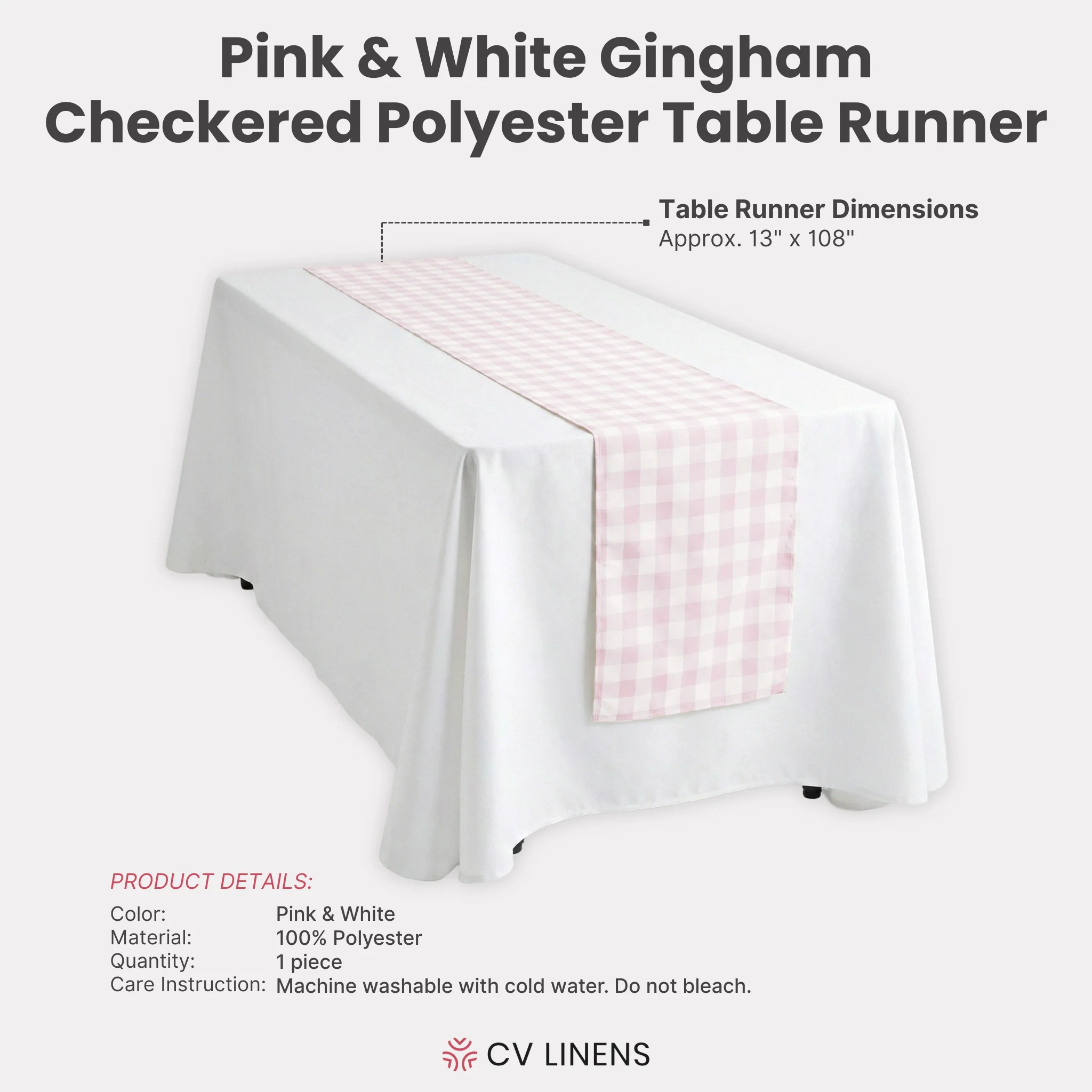 Gingham Checkered Polyester Table Runner - Pink & White - Image 3