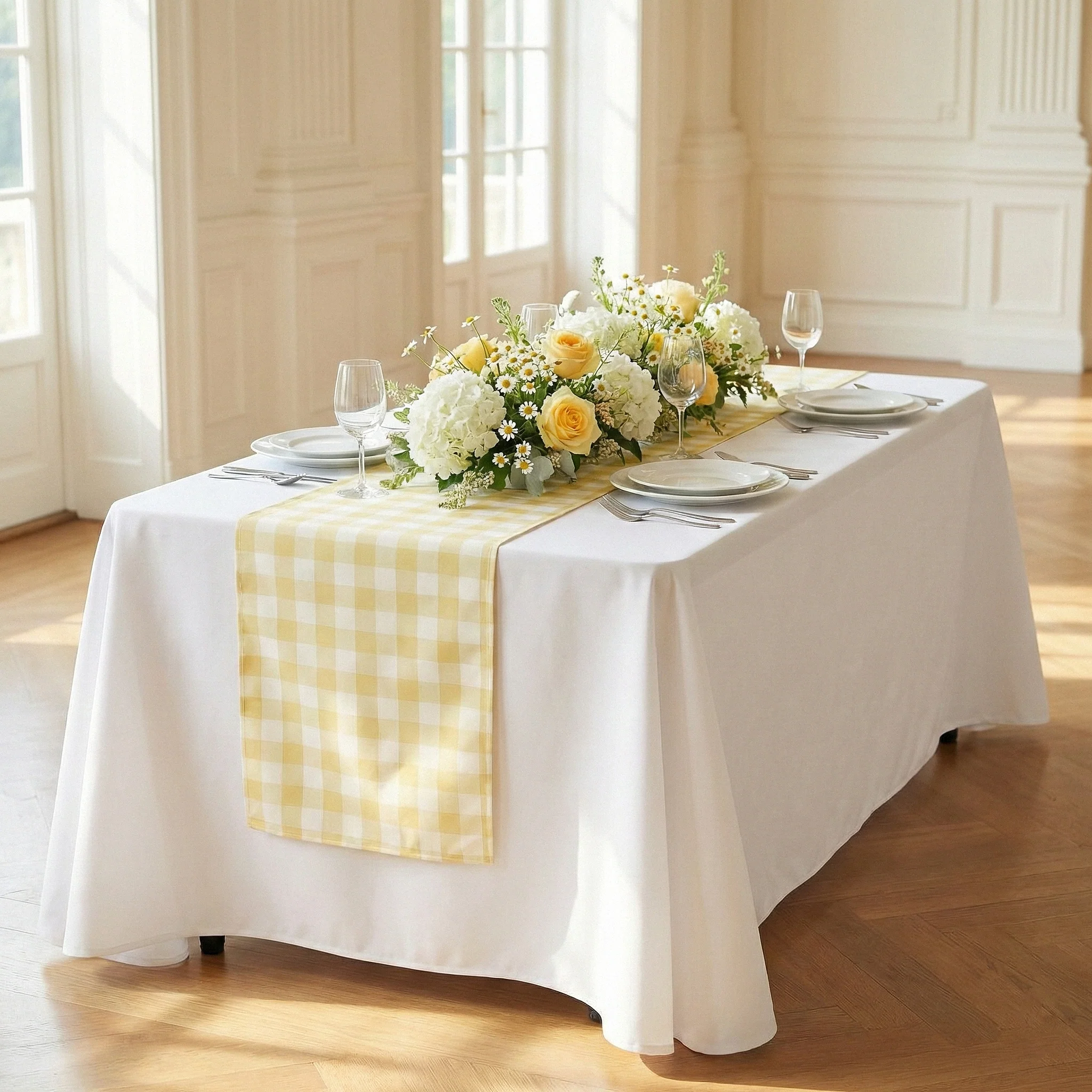Gingham Checkered Polyester Table Runner - Yellow & White - Image 2