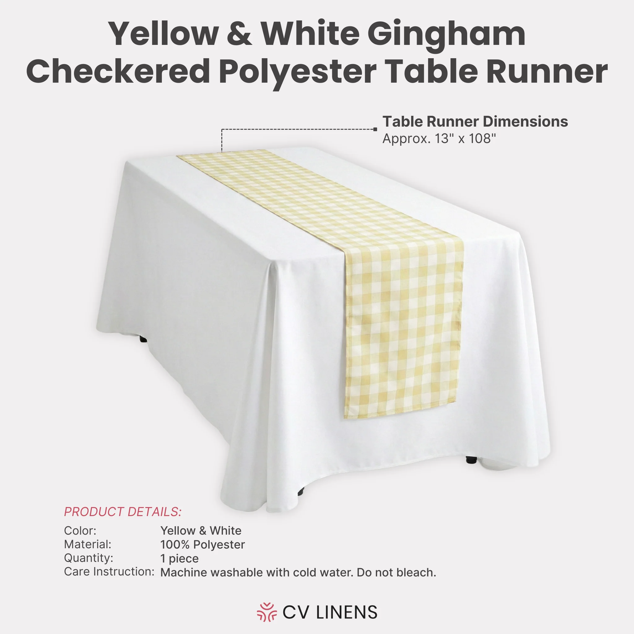 Gingham Checkered Polyester Table Runner - Yellow & White - Image 3