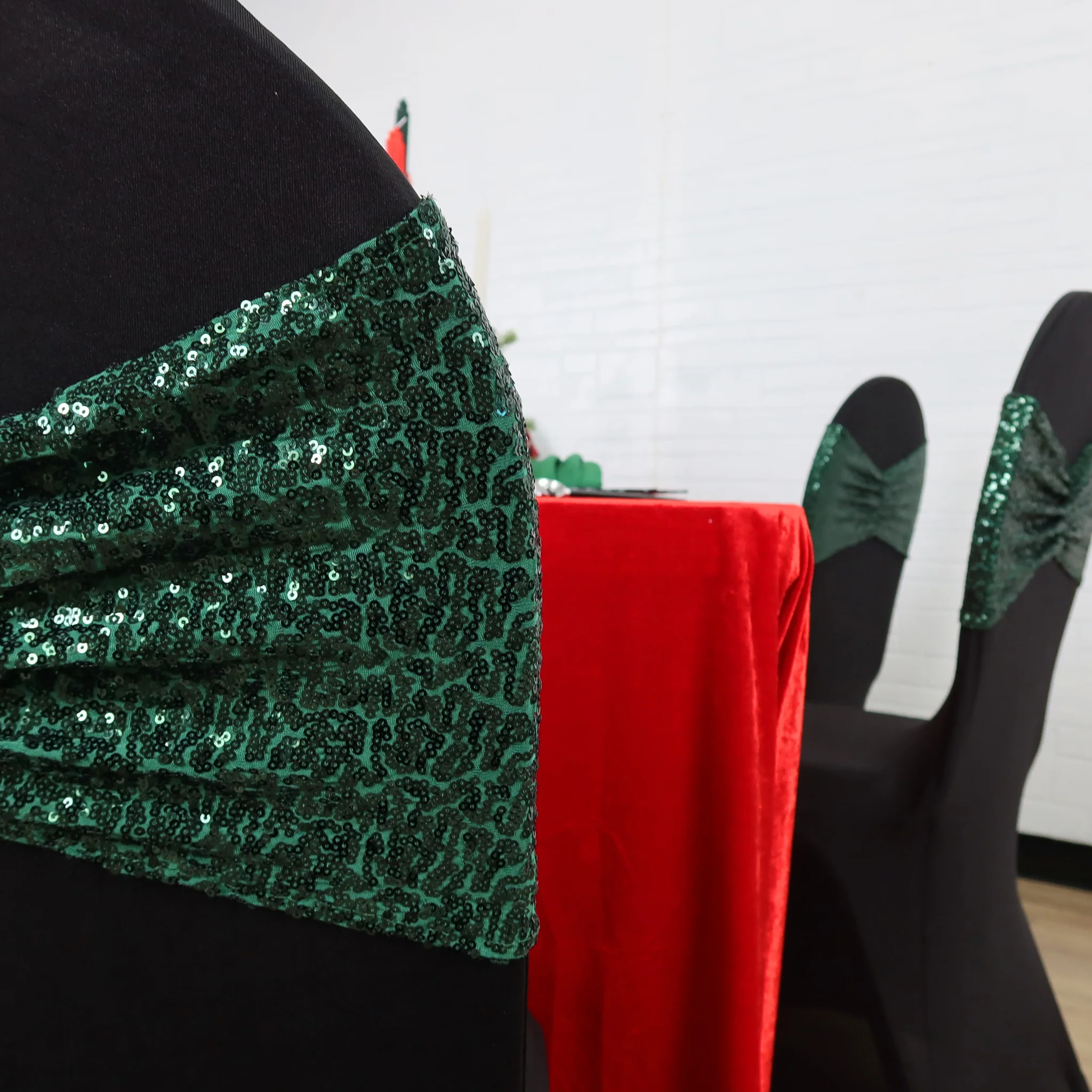 Glitz Ruffle Sequin Spandex Chair Band Sash - Emerald Green - Image 5