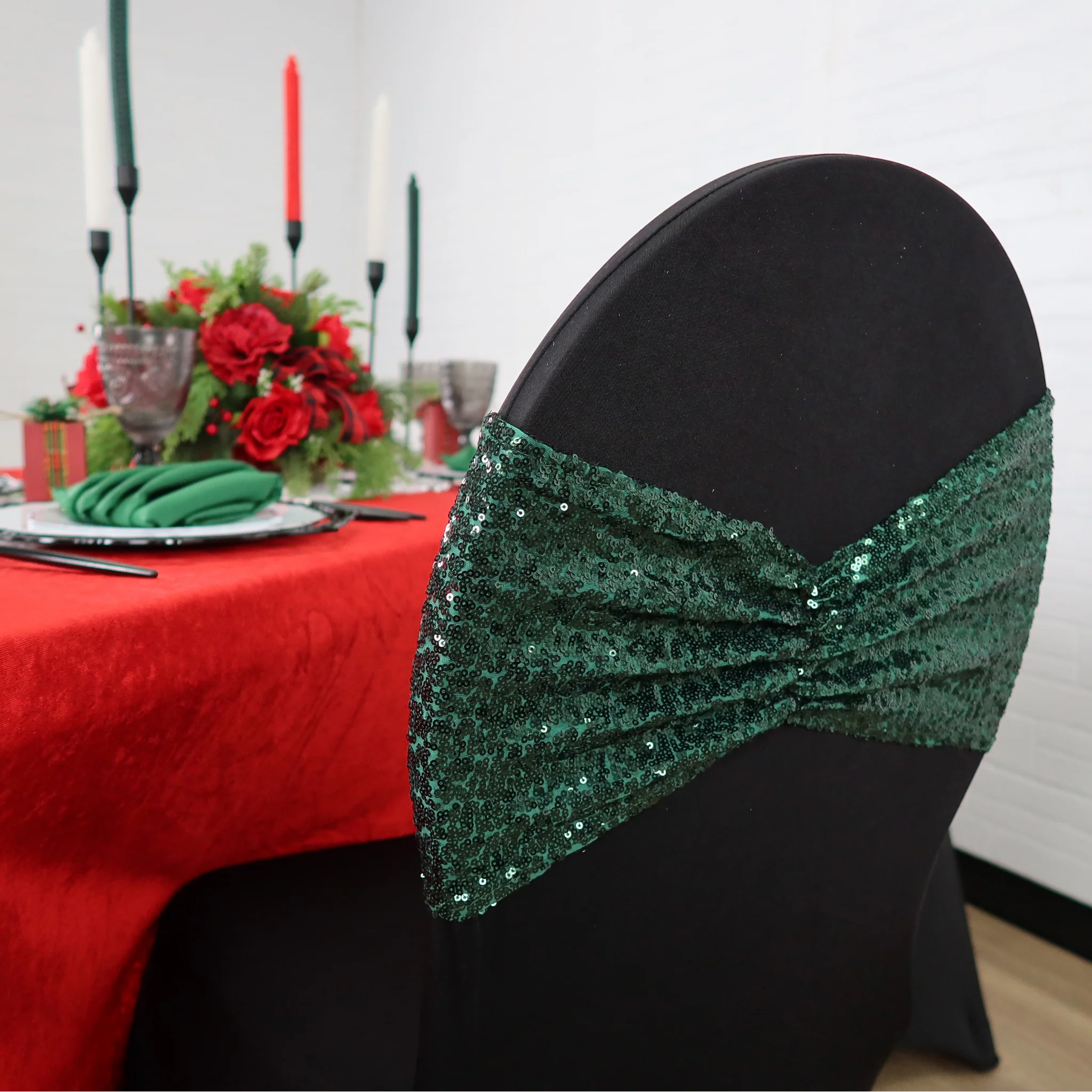 Glitz Ruffle Sequin Spandex Chair Band Sash - Emerald Green - Image 6