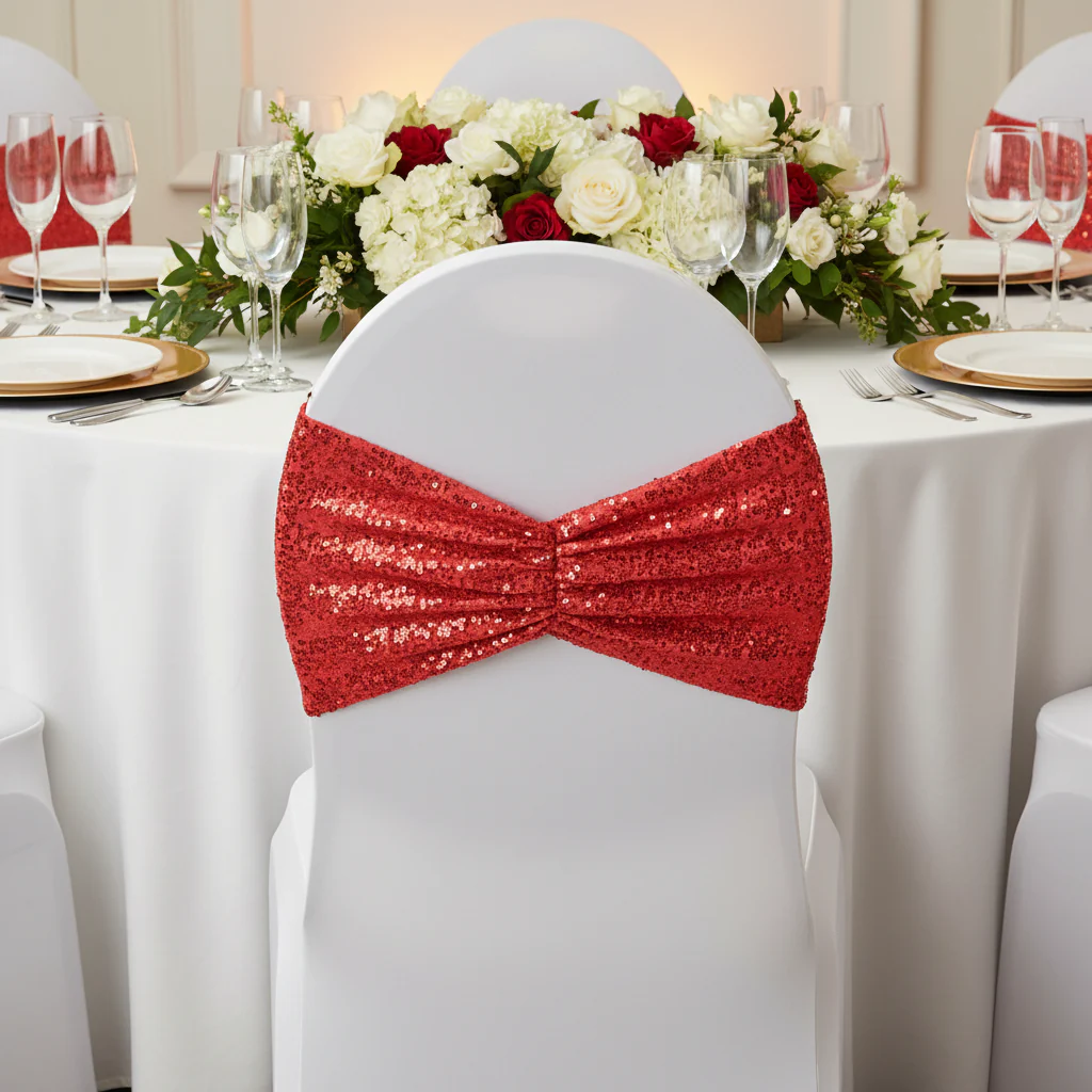 Glitz Ruffle Sequin Spandex Chair Band Sash - Red