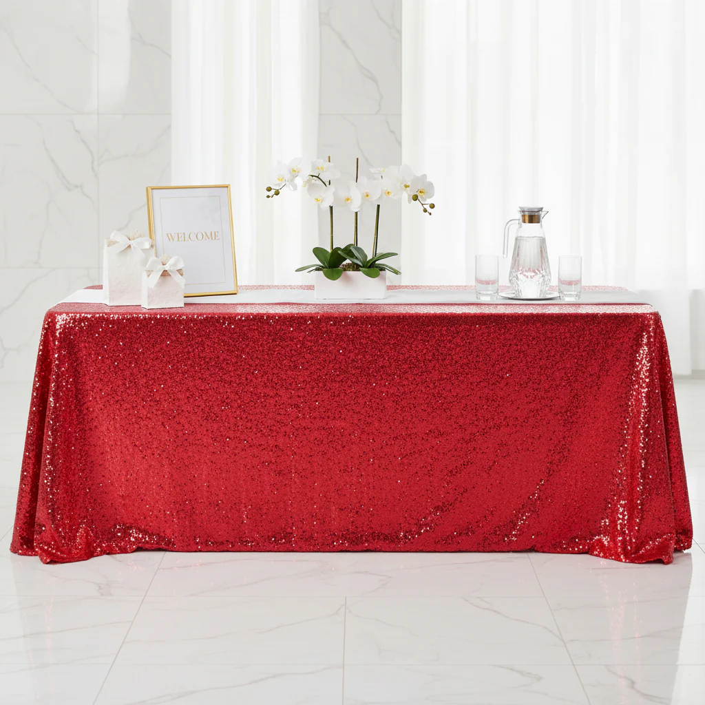 Glitz Sequin 90"x132" Rectangular Tablecloth - Red - Image 5