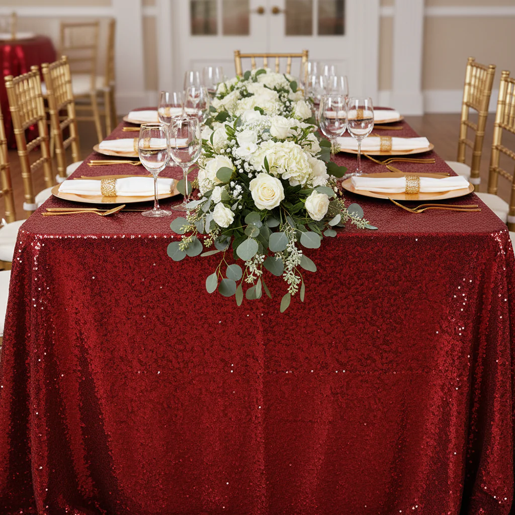 Glitz Sequin 90"x156" Rectangular Tablecloth - Apple Red