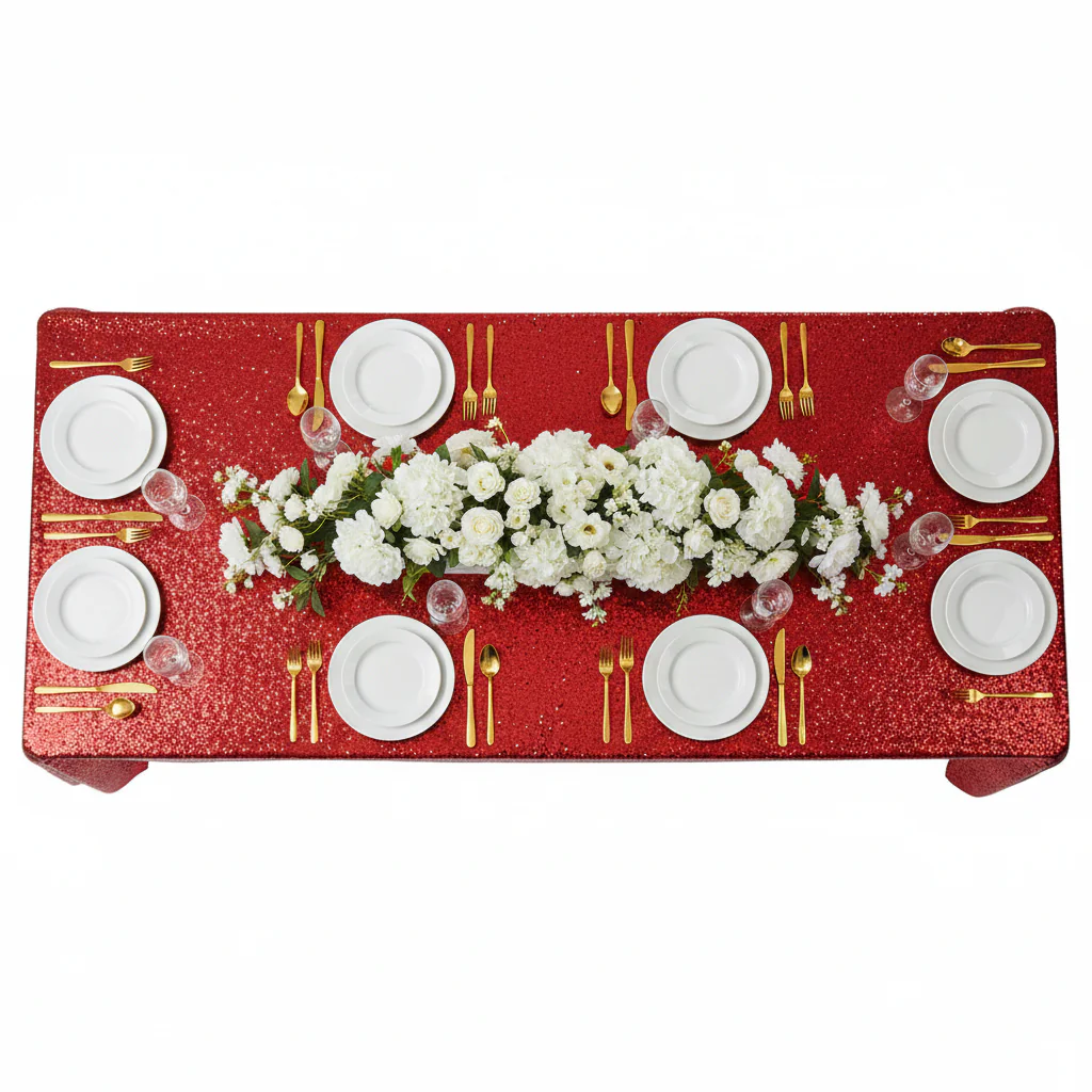 Glitz Sequin 90"x156" Rectangular Tablecloth - Apple Red - Image 3