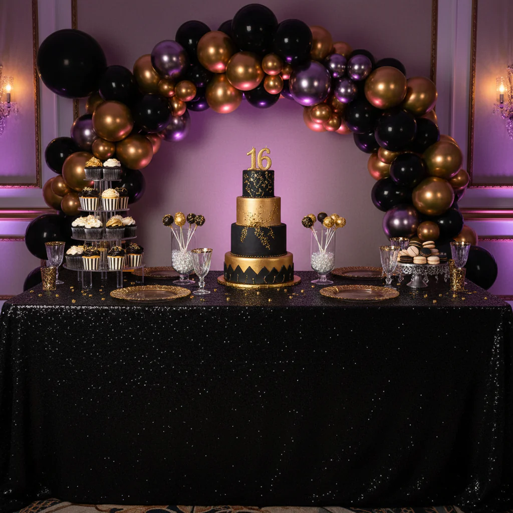 Glitz Sequin 90"x156" Rectangular Tablecloth - Black - Image 3