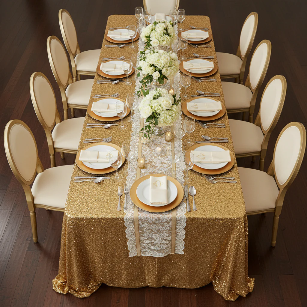 Glitz Sequin 90"x156" Rectangular Tablecloth - Gold - Image 2