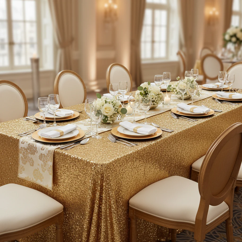 Glitz Sequin 90"x156" Rectangular Tablecloth - Gold - Image 3