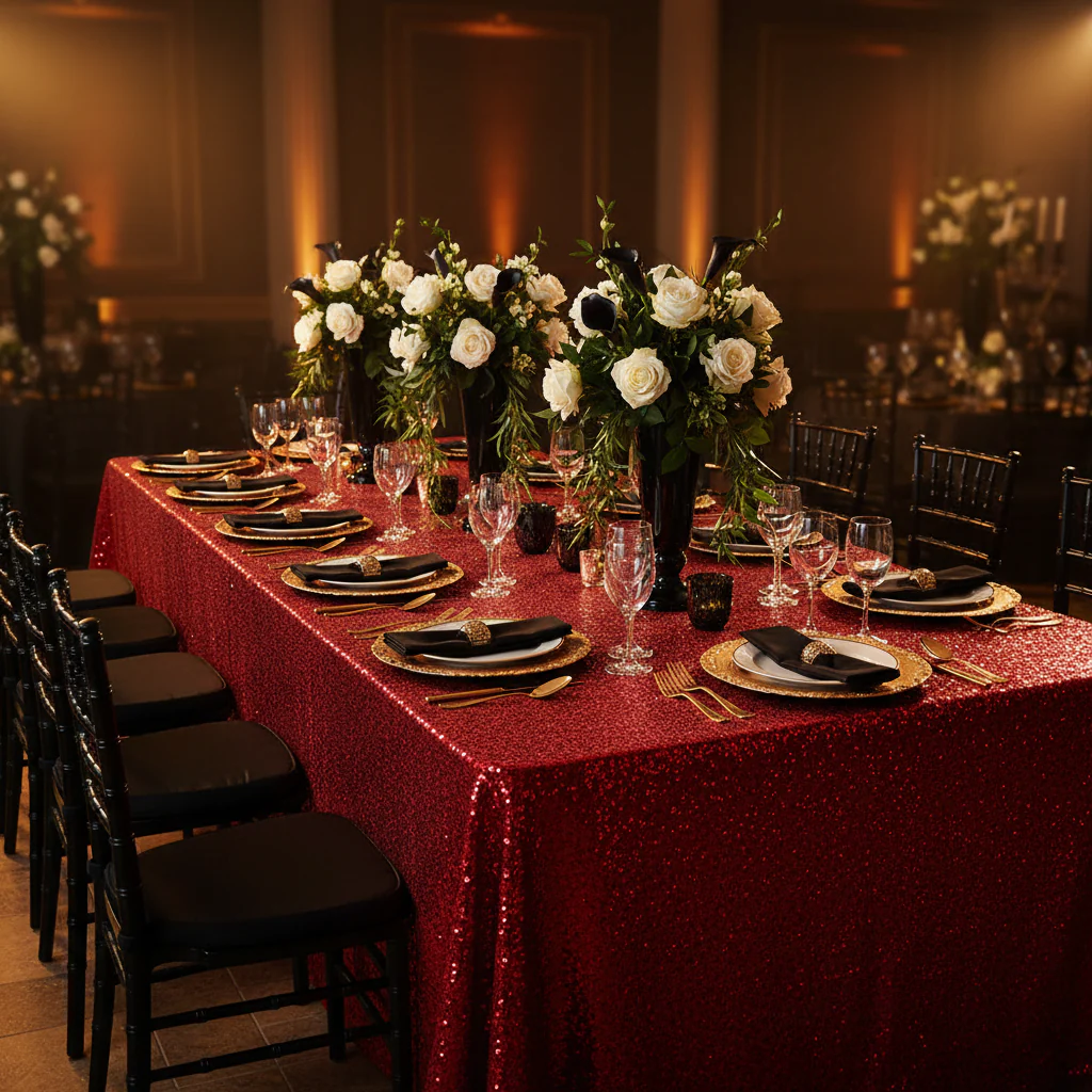 Glitz Sequin 90"x156" Rectangular Tablecloth - Red