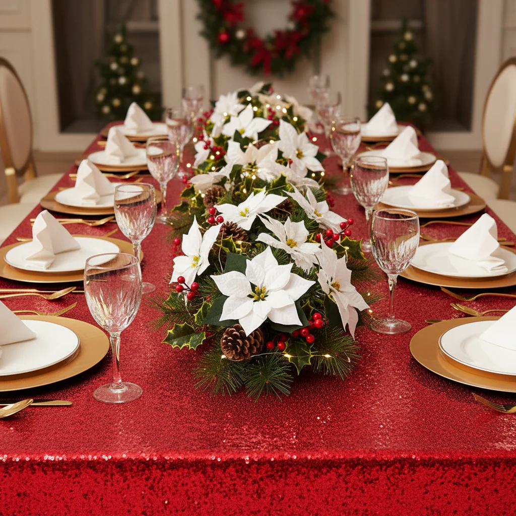 Glitz Sequin 90"x156" Rectangular Tablecloth - Red - Image 3
