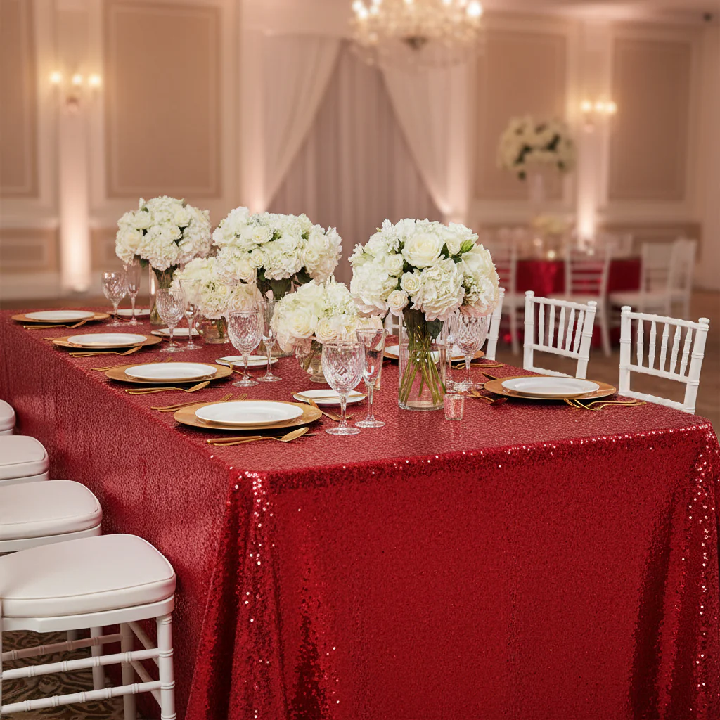 Glitz Sequin 90"x156" Rectangular Tablecloth - Red - Image 5