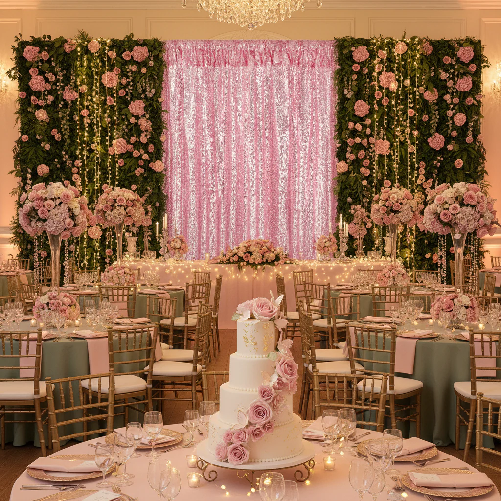 Glitz Sequin Mesh Net 14ft H x 52" W Drape/Backdrop panel - Pink - Image 2
