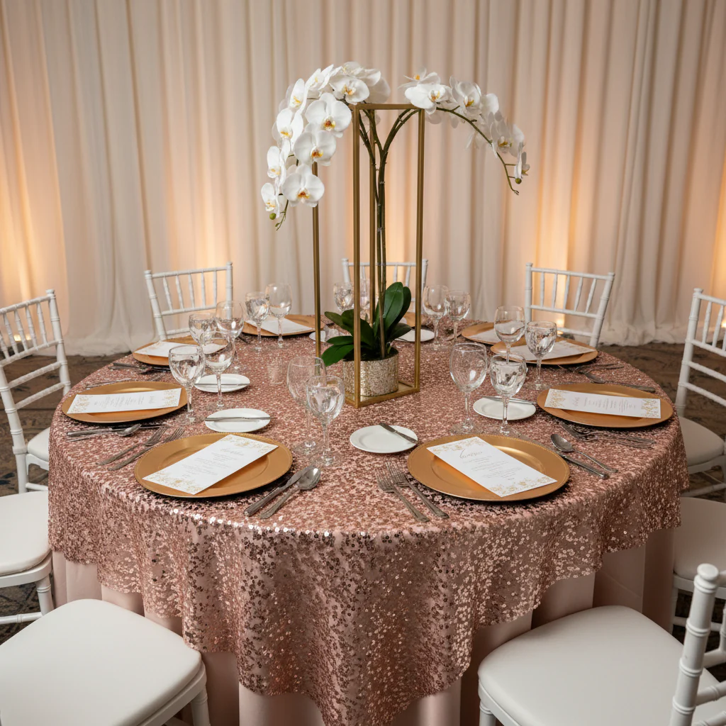Glitz Sequin Mesh Net Table Overlay Topper 72"x72" Square - Blush/Rose Gold