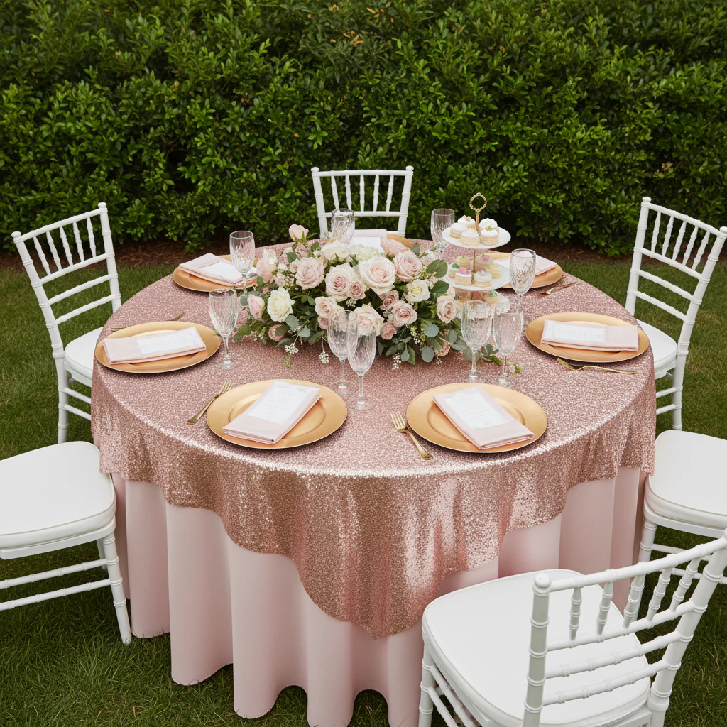 Glitz Sequin Mesh Net Table Overlay Topper 72"x72" Square - Blush/Rose Gold - Image 3